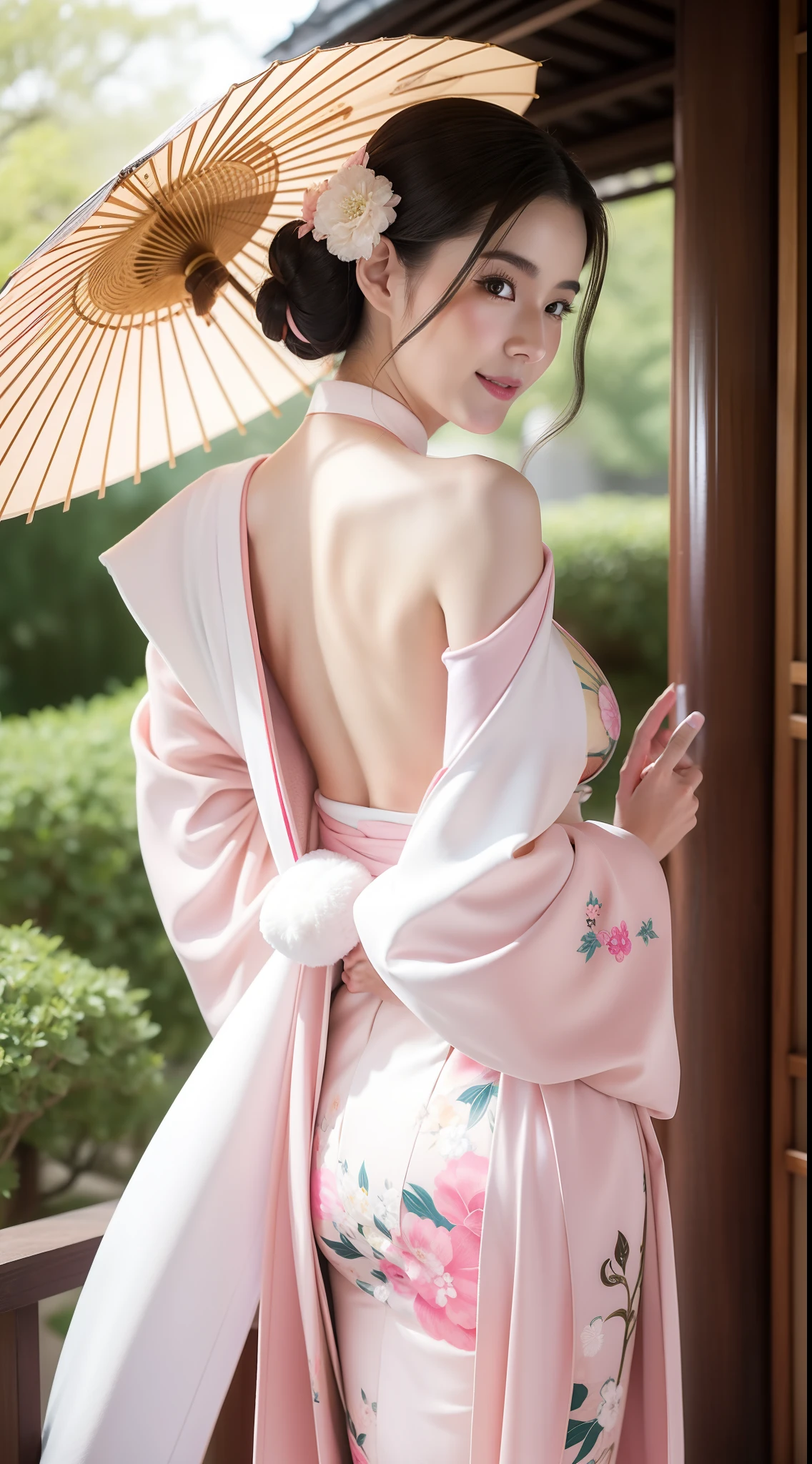 Marian Rivera wearing a kimono and holding an umbrella, in a kimono, in a kimono, 30 years old, huge-breasted:1.5, Make your erect, Big ass,  Tall body,  Open your clothes, Open Shoulder, goddess of Japan, Wearing a sexy kimono, Kimono, glamorous and sexy geisha, Wearing a kimono, Wearing kimono armor, japanese kimono, Anime girl cosplay, Classic kimono, organic seductive geisha, cosplay foto, Onmyoji, Wearing a pink pastel silk robe, pale and coloured kimono, Necklace, earing, naughty pose, Cosplay, Gorgeous young Korean woman, beautiful Korean women, Korean Girl, Beautiful young Korean woman, Korean Woman, Choi Hong Hwa, korean female fashion model, Sexy look, Big Breast, Sexy Pose, show breast, Light pink hair、smil