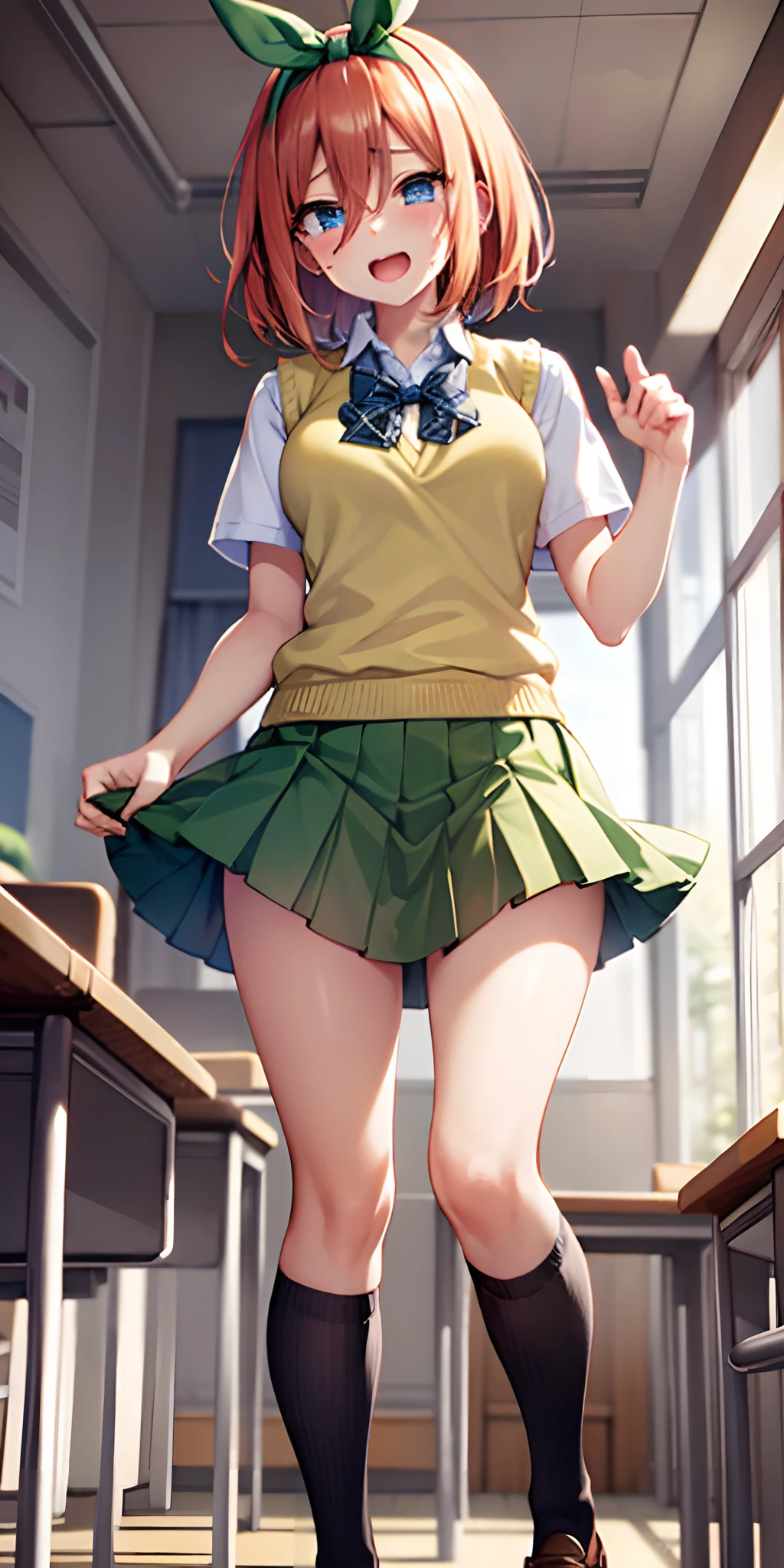 yotsubanakano, yotsuba nakano, bangs, short hair, blue eyes, hair between eyes, hair ribbon, hairband, orange hair, green ribbon,
BREAK skirt, shirt, bow, ribbon, school uniform, white shirt, short sleeves, pleated skirt, shoes, socks, collared shirt, miniskirt, bowtie, black footwear, kneehighs, green skirt, black socks, loafers, green bow, sweater vest, green ribbon, (yellow sweater vest:1.5),
BREAK looking at viewer,
BREAK indoors, classroom,
BREAK ultra-detailed, best quality, high resolution, unity 8k wallpaper, extremely detailed CG, (beautiful detailed eyes:1.6), extremely detailed face, perfect lighting, extremely detailed CG, (perfect hands, perfect anatomy),
happy, sexual ecstasy, ahegao, blush, sweat, open mouth, rolling eyes, tears, tongue out, wide-eyed, head tilt, from below, skirt lift by myself, showing panties, standing, turn knees out, bend knees, bend down, (vulgarity:1.2),