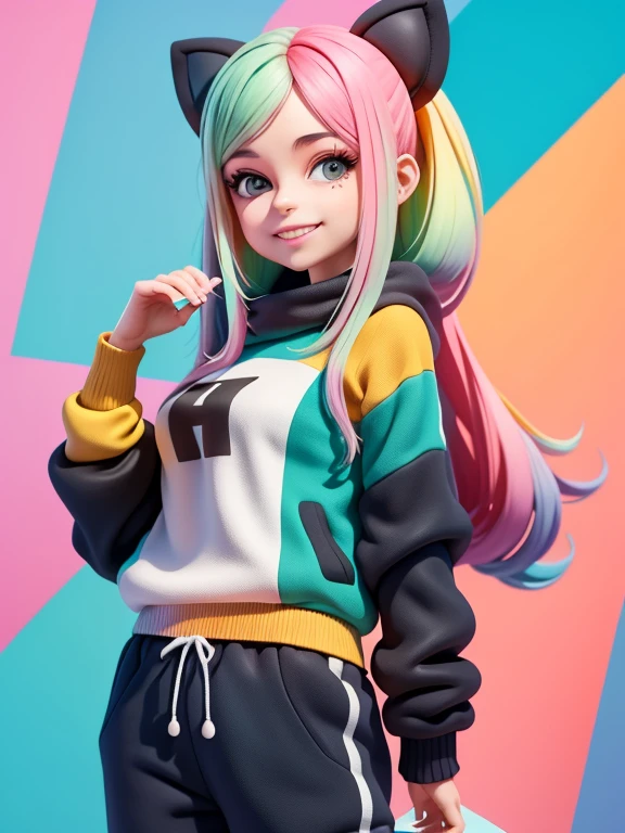 (obra-prima), (melhor qualidade), (ultra-detalhado), (corpo inteiro: 1.2) bonita e fofa, capuz, moletom preto, Knitted jumpsuits, Pants, jaqueta, blusa, sorriso claro, corpo inteiro, :3, cabelo multicolor, fundo tom pastel , colorido e simples.