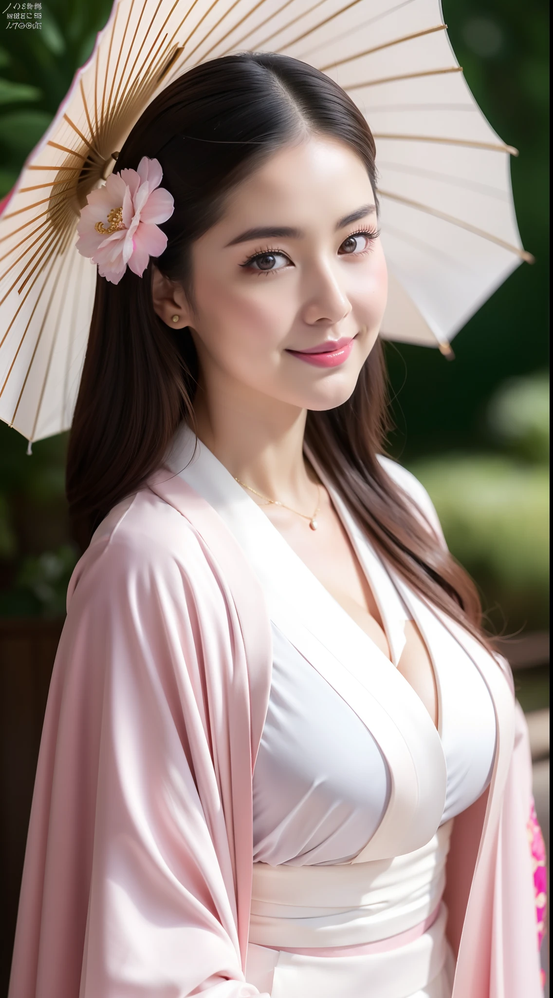 Marian Rivera wearing a kimono and holding an umbrella, in a kimono, in a kimono, 30 years old, huge-breasted:1.5, Make your erect, Big ass, Tall body, Open your clothes, Open Shoulder, goddess of Japan, Wearing a sexy kimono, Kimono, glamorous and sexy geisha, Wearing a kimono, Wearing kimono armor, japanese kimono, Anime girl cosplay, Classic kimono, organic seductive geisha, cosplay foto, Onmyoji, Wearing a pink pastel silk robe, pale and coloured kimono, Necklace, earing, naughty pose, Cosplay, Gorgeous young Korean woman, beautiful Korean women, Korean Girl, Beautiful young Korean woman, Korean Woman, Choi Hong Hwa, korean female fashion model, Sexy look, Big Breast, Sexy Pose, show breast, Light pink hair、smil