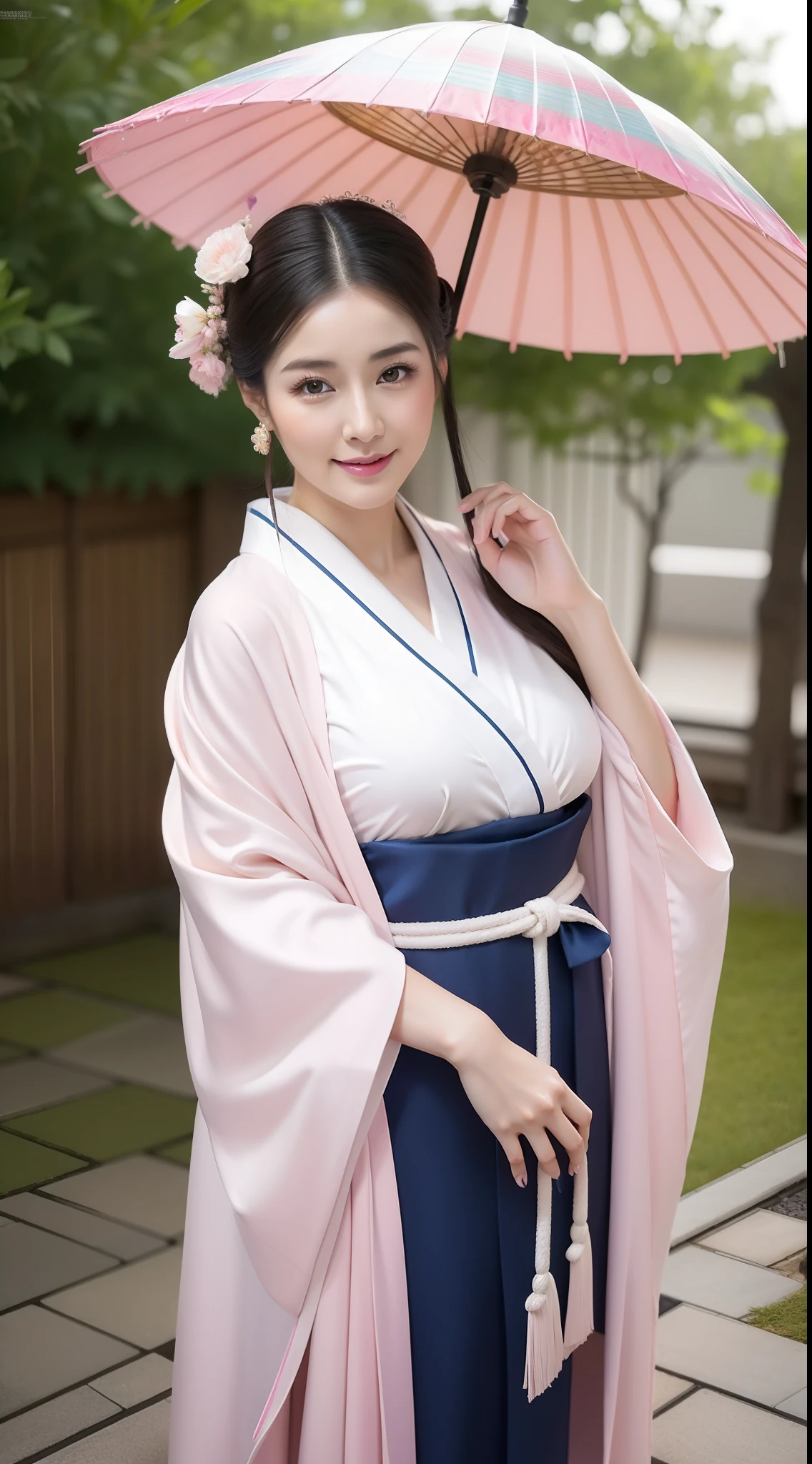Marian Rivera wearing a kimono and holding an umbrella, in a kimono, in a kimono, 30 years old, huge-breasted:1.5, Make your erect, Big ass, Tall body, Open your clothes, Open Shoulder, goddess of Japan, Wearing a sexy kimono, Kimono, glamorous and sexy geisha, Wearing a kimono, Wearing kimono armor, japanese kimono, Anime girl cosplay, Classic kimono, organic seductive geisha, cosplay foto, Onmyoji, Wearing a pink pastel silk robe, pale and coloured kimono, Necklace, earing, naughty pose, Cosplay, Gorgeous young Korean woman, beautiful Korean women, Korean Girl, Beautiful young Korean woman, Korean Woman, Choi Hong Hwa, korean female fashion model, Sexy look, Big Breast, Sexy Pose, show breast, Light pink hair、smil