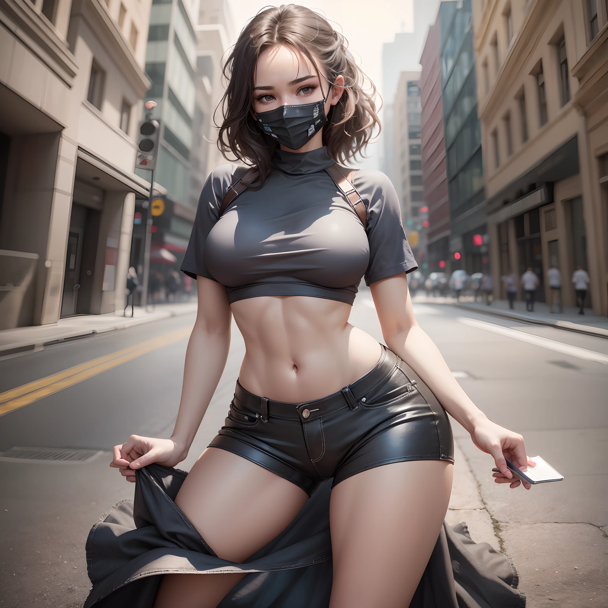 Best Quality, Masterpiece, High Resolution, 8K, (Realistic: 1.4), Ultra High Resolution, 1 american Girl, Ultra Detailed, Surreal, Highly Detailed CG Illustration, Official Art, Cinematic Light, Reality, Young Beautiful Girl, Perfect Figure, Perfect Figure, Full View, Perfect Body, (Starting below: 1.3), Mask, Pose, Sexy Long Legs, Confident, Beautiful Sexy, Grey Short Sleeves, Open Abdomen, Black Super Shorts, S-shaped Body, Upturned Hips, Assuming, Posing, Different Perspectives --auto --s2