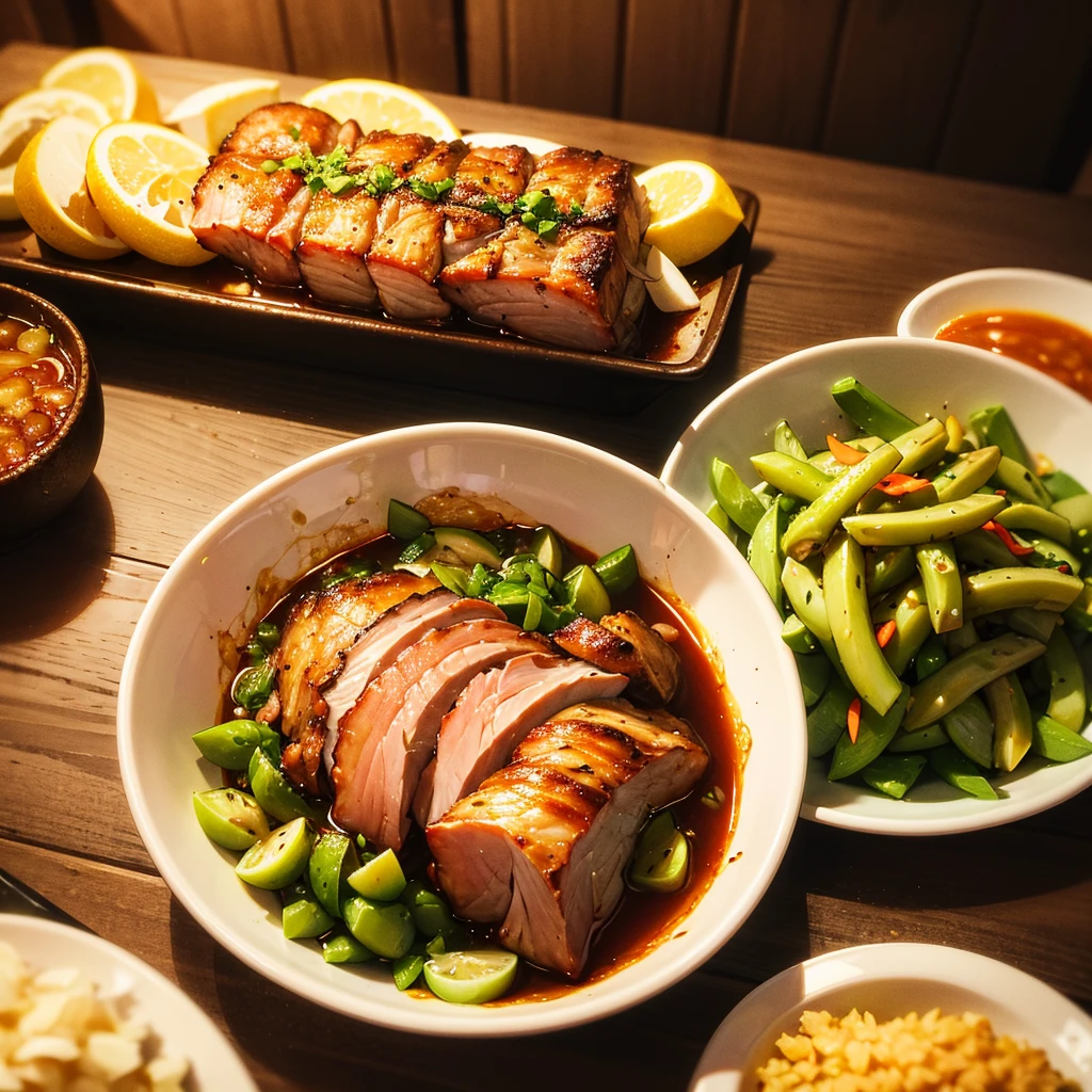 A night of braised pork, fat and thin, oily and delicate, a little chopped green onion, garlic, super realistic food pictures, the complete theme shown in the photo,, Randy Post, hyper realistic ", hyper realistic", high res photo