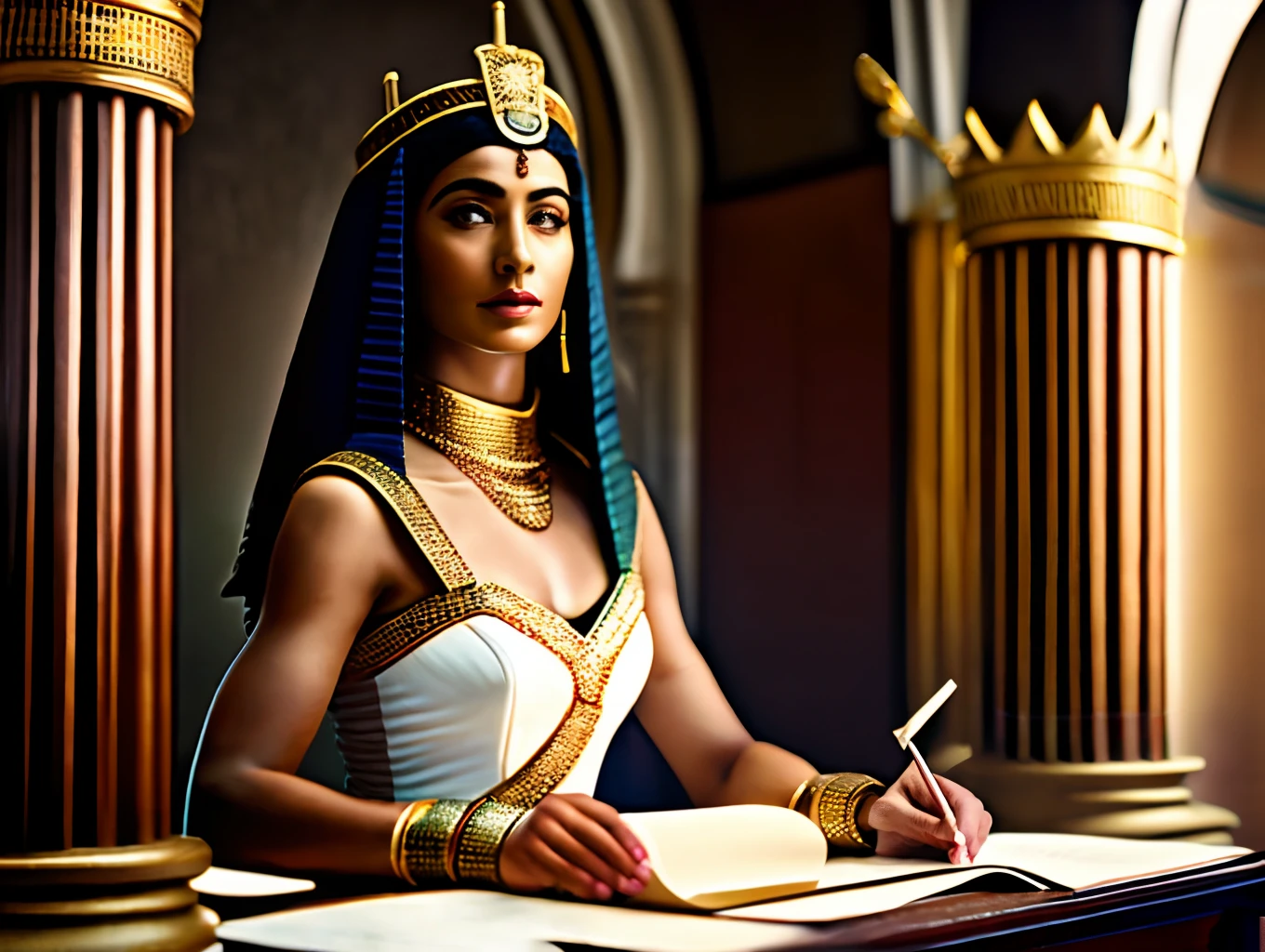 Queen Cleopatra of the Nile surrounded by book paper scrolls with different languages placed on a table in a well lit room with 2 standing servants witnessing her expertise as she speak. Full-body, Ultra-high resolution (e.g., 4K or 8K), Pixel-perfect clarity,3D rendering with realistic lighting and shadows, Depth map for simulated three-dimensional effect, Use of parallax to enhance depth perception,Incorporate elements of photo-manipulation, Follow the rule of thirds for balanced composition, Dynamic framing with leading lines, Cultural or contextual symbolism, Detailed background elements to establish context, Clear and detailed character design, Expressive facial features and emotions, -- ar 9:16,