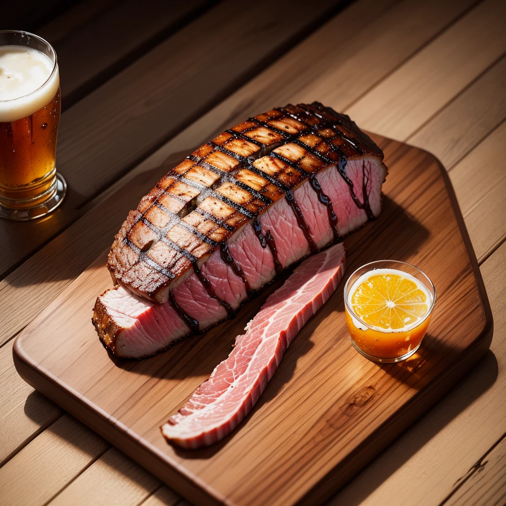 meat with grill marks on a wooden board with a cold cold beer next to it, tasty, promotional photo, intricate details, HDR, realistic photo, Adobe Lightroom, highly detailed