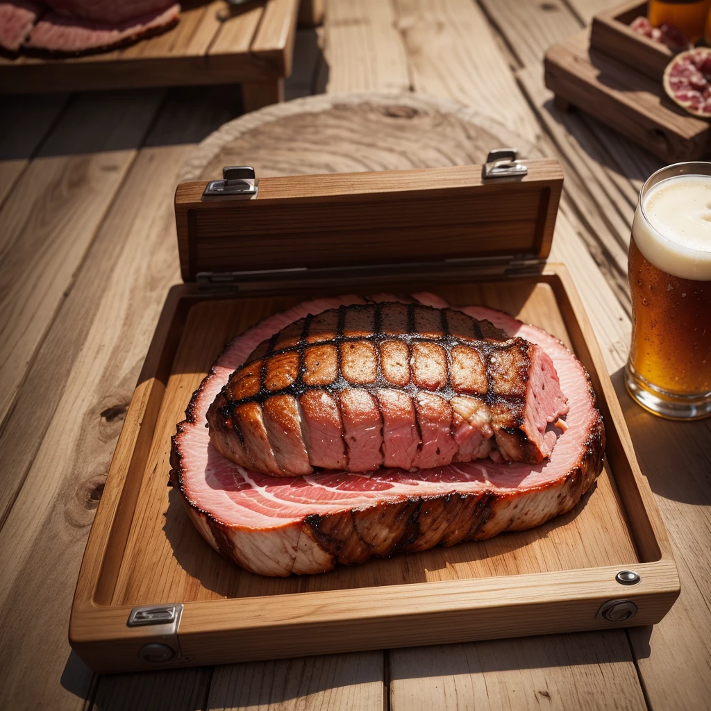 meat with grill marks on a wooden board with a cold cold beer next to it, tasty, promotional photo, intricate details, HDR, realistic photo, Adobe Lightroom, highly detailed