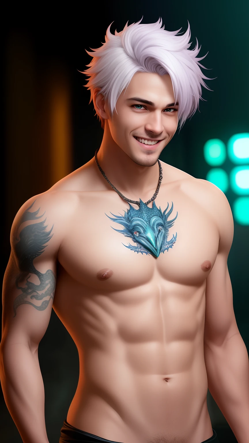 1man, White Hair, Long tied Hair, Orange eyes, naked, purple fin ear, manly, manhwa style, mermaid's tail is blue and light pink, there is a black dragon tattoo on his back. Smiling showing his teeth, fantasy art, photo realistic, dynamic lighting, artstation, poster, volumetric lighting, very detailed faces, 4 k, award winning,