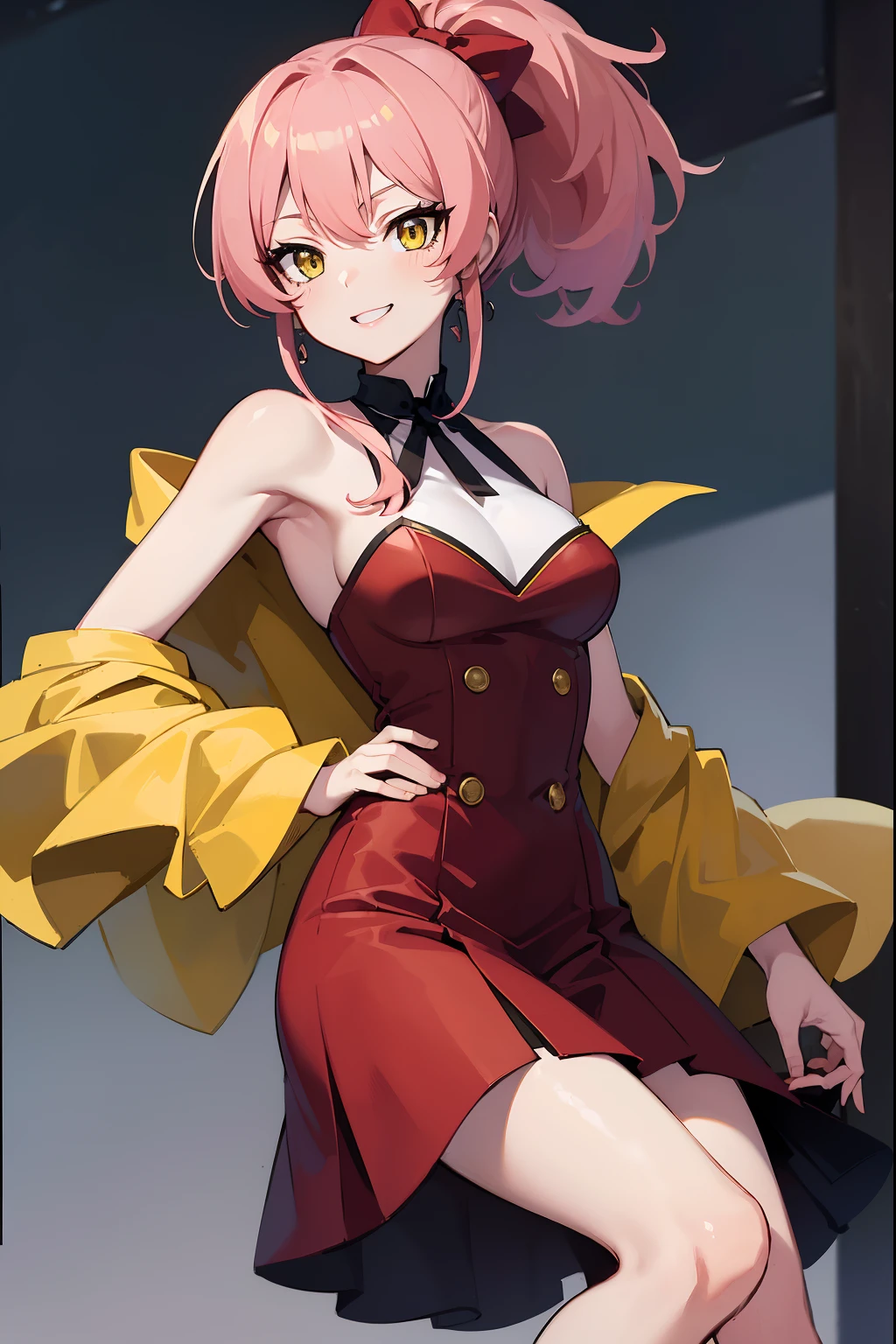 (masterpiece, best quality:1.2),1girl,mature female,pale skin,medium breasts:1.49,mikajougasaki, mika jougasaki, hair bow, long hair, pink hair, (yellow eyes:1.5), ponytail,(red dress with a red cape:1.2), eye details,teasing smile, clean detailed anime art,high resolution, (perfect hands, perfect anatomy),