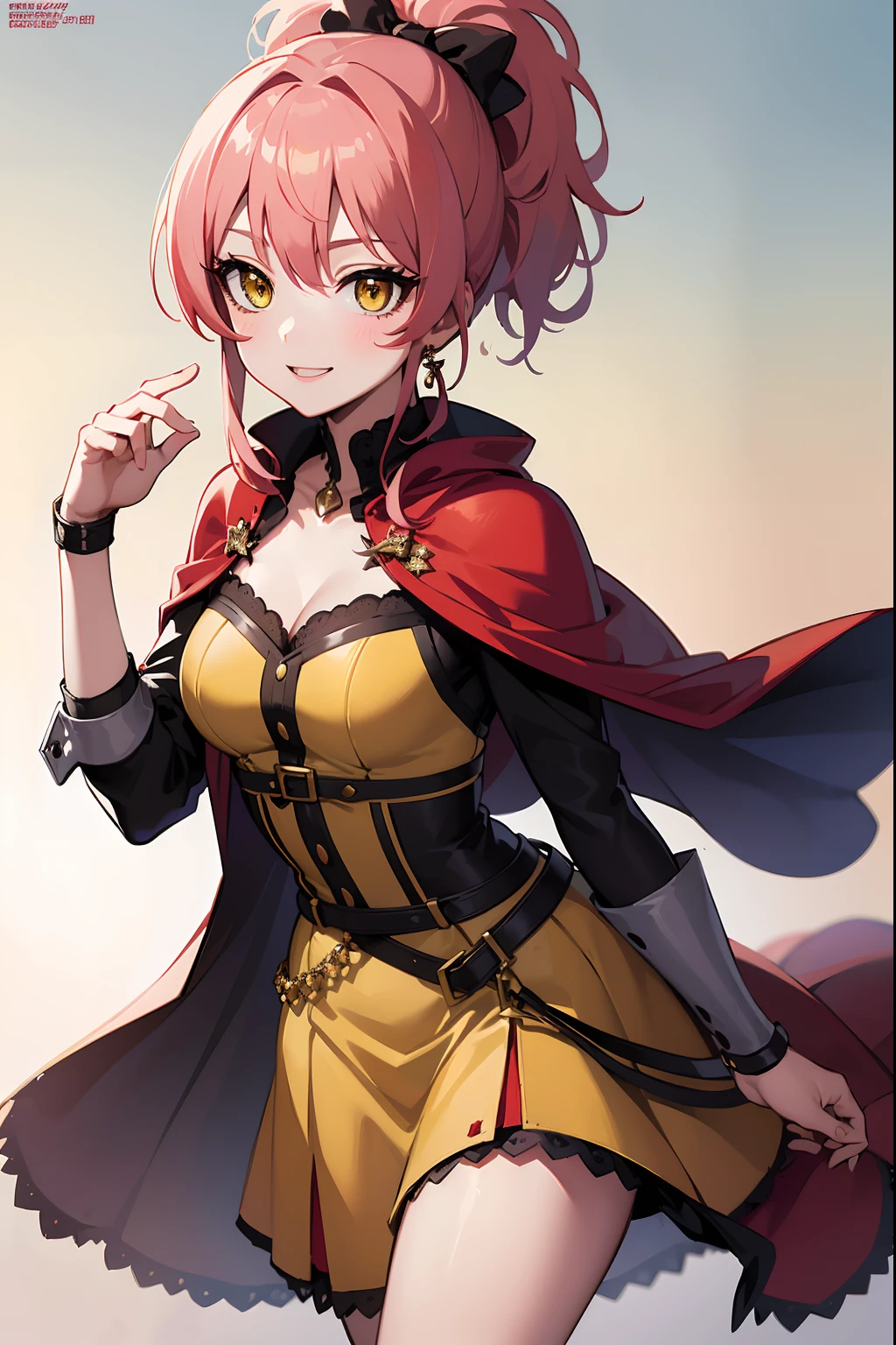 (masterpiece, best quality:1.2),1girl,mature female,pale skin,medium breasts:1.49,mikajougasaki, mika jougasaki, hair bow, long hair, pink hair, (yellow eyes:1.5), ponytail,(red dress with a red cape:1.2), eye details,teasing smile, clean detailed anime art,high resolution, (perfect hands, perfect anatomy),