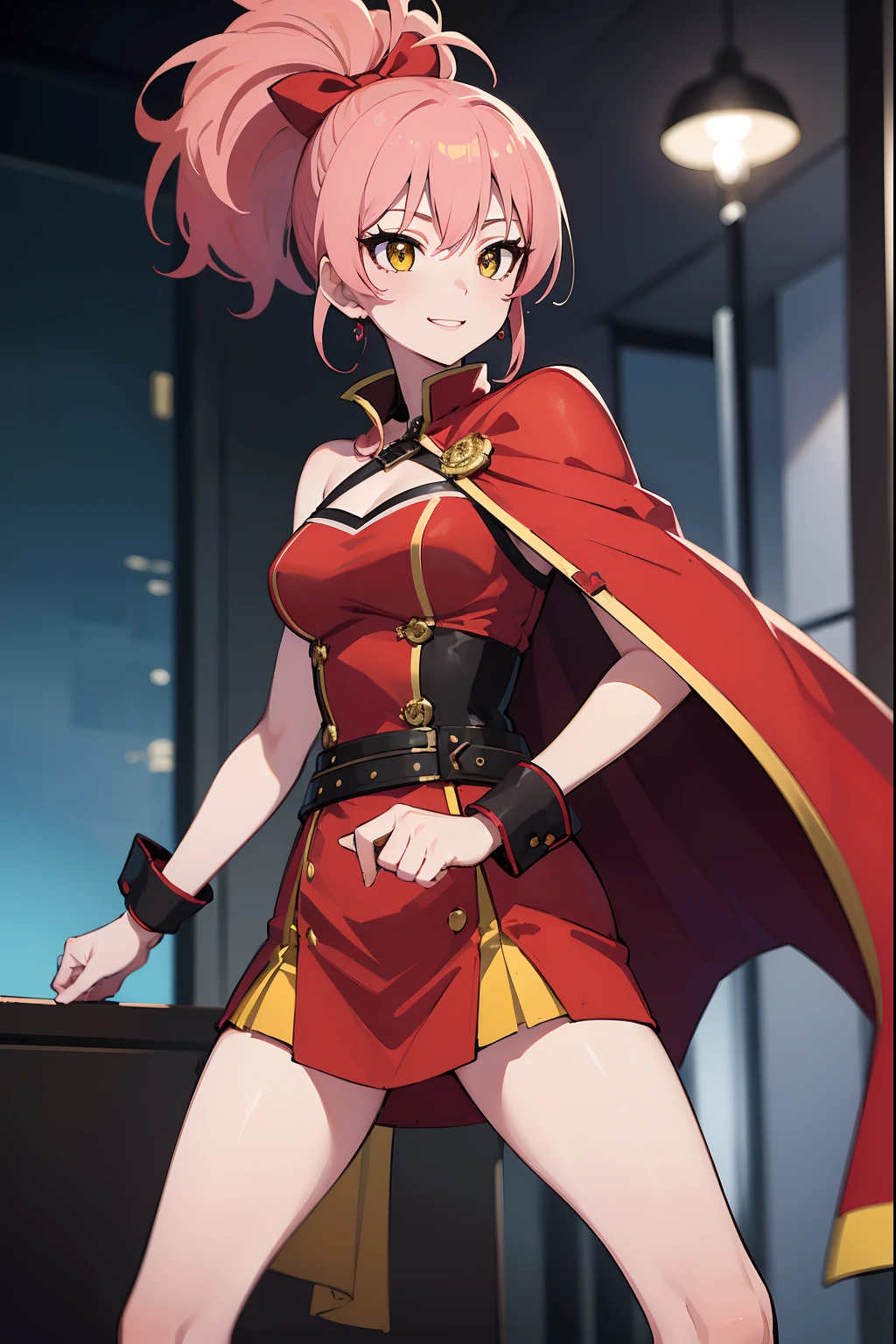 (masterpiece, best quality:1.2),1girl,mature female,pale skin,medium breasts:1.49,mikajougasaki, mika jougasaki, hair bow, long hair, pink hair, (yellow eyes:1.5), ponytail,(red dress with a red cape:1.2), eye details,teasing smile, clean detailed anime art,high resolution, (perfect hands, perfect anatomy),