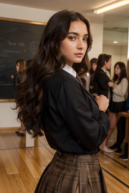 A confident and vibrant girl at school flaunts her individuality and radiates a fearless spirit. This remarkable image, captured in a vivid and dynamic photograph, showcases her standing out among the crowd. Her striking, perfectly styled hair cascades in waves of rich brown and lustrous gold, framing her porcelain-like face with its natural glow. Her eyes, deep and mesmerizing, reveal a self-assurance that captivates viewers. She exudes an aura of strength through her impeccably tailored school uniform, which speaks of her impeccable taste and impeccable attention to detail. This impeccable portrayal encapsulates the exceptional quality of the image, leaving viewers in awe of her unwavering confidence and unique beauty.