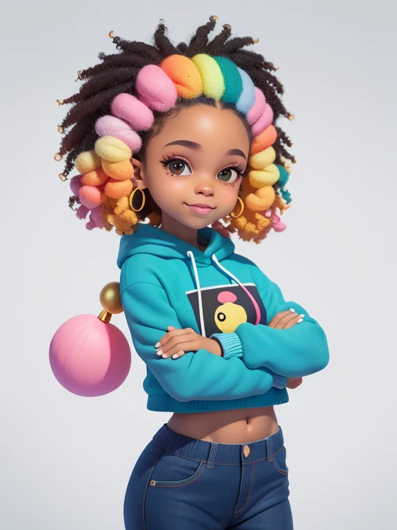 (obra-prima), (melhor qualidade), (ultra-detalhado), (corpo inteiro: 1.2) afro bonita e fofa, capuz, moletom preto, Knitted jumpsuits, Pants, jaqueta, blusa, sorriso claro, corpo inteiro, :3, cabelo multicolor, fundo tom pastel , colorido e simples.