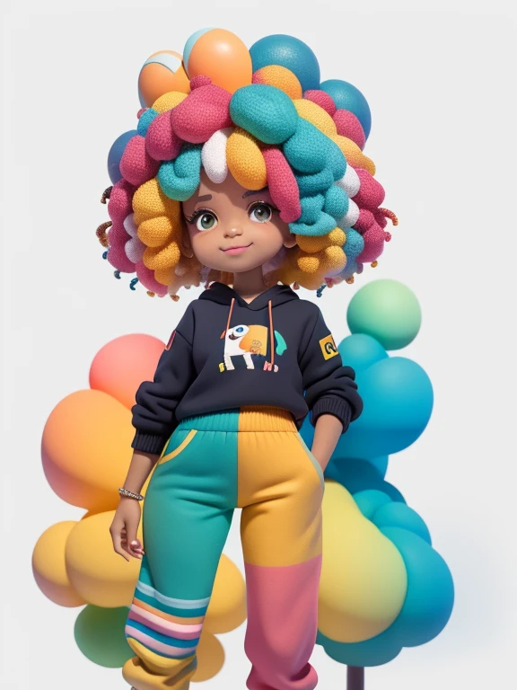 (obra-prima), (melhor qualidade), (ultra-detalhado), (corpo inteiro: 1.2) loli menina negra, afro, pants and mini blouse, sorriso claro, corpo inteiro, :3, cabelo multicolor, curto, preso, pavor, moderno, Modern accessories, fundo tom pastel , colorido e simples.