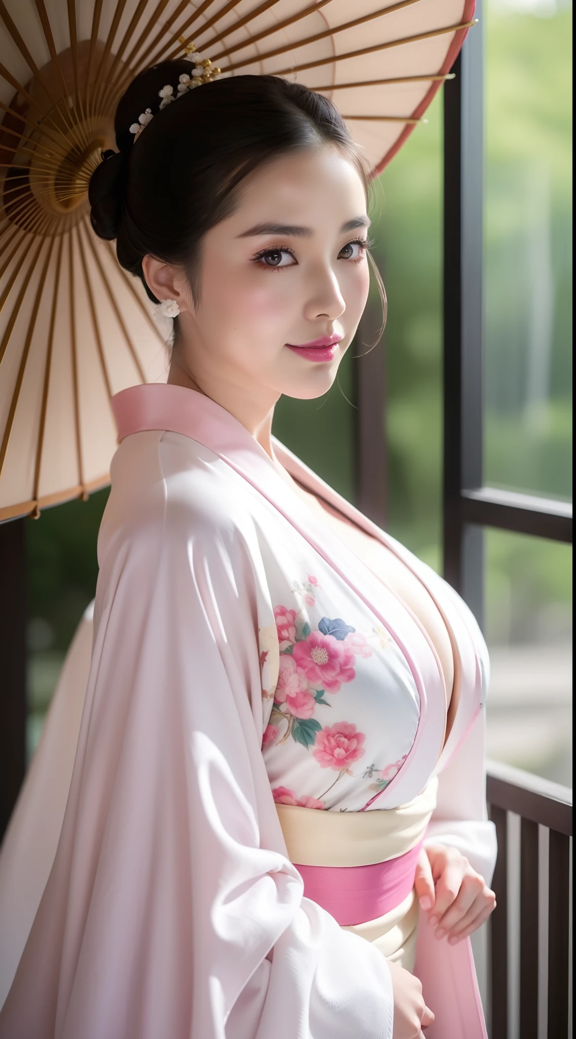 a close up of a woman in a kimono with a big breast, japanese goddess, oppai, japanese model, with a large breasts, in kimono, big breasts!, with large breasts, in a kimono, big breasts, beautiful asian girl, japanese, big breasts!!, teasing smile, asian hyperdetailed, asian girl, sfw huge breasts, breasts covered and sfw