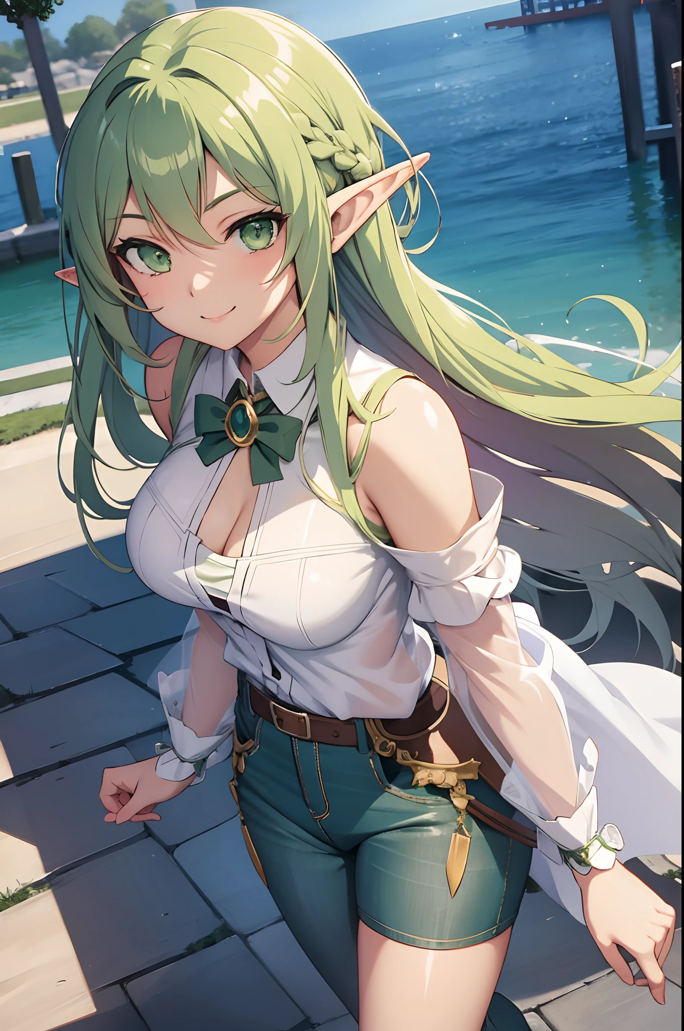 (masterpiece, best quality, detailed) ,1girl, highelfarcher, high elf archer, elf, (green eyes:1.5), (green hair:1.2), hair between eyes, long hair, pointy ears, sidelocks, jeans walking down the street,cute anime girl, pretty anime girl, smooth anime cg art, beautiful anime girl, attractive anime girl, ecchi anime style, seductive anime girl.teasing smile, clean detailed anime art,high resolution, (perfect hands, perfect anatomy),