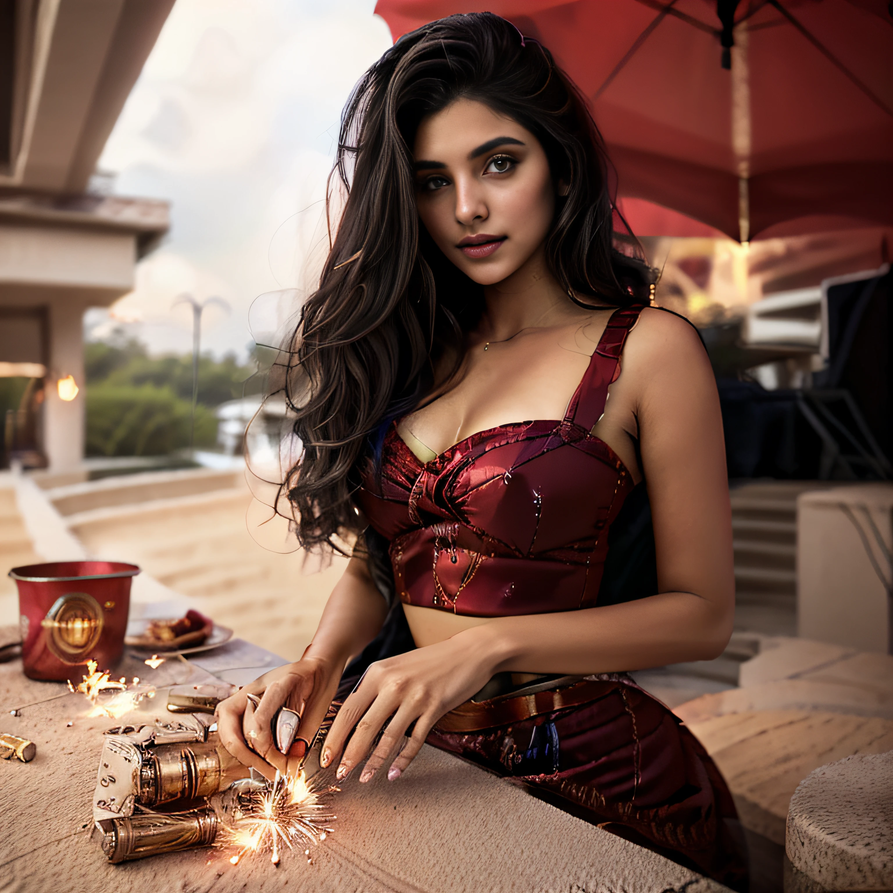 ((Dark Night time sparking crackers linght on sky)) araffe indian woman in a red skirt holding a sparkler, brandon woelfel, sexy girl, indian  girl, attractive girl, beautiful asian girl, indian goddess, beautiful model girl, instagram model, 8k artgerm bokeh, beautiful girl model, indian girl, cute woman, girl under lantern, 4 k post, 4k post, flares, night time