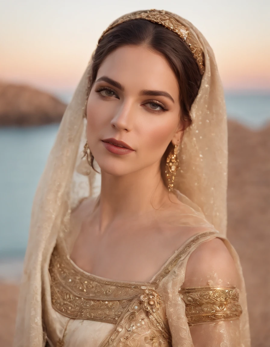 cleotrah, full body shot, Beautiful dress, goddess queen of Egypt, attractive, most perfect face, professional eye design, Digital painting, Beautiful warm sunset in the background, beach, fantasy, intricate details, actual configuration, Face card, Ellen's style Gallagher, Abigail Larson and Anton Pieck