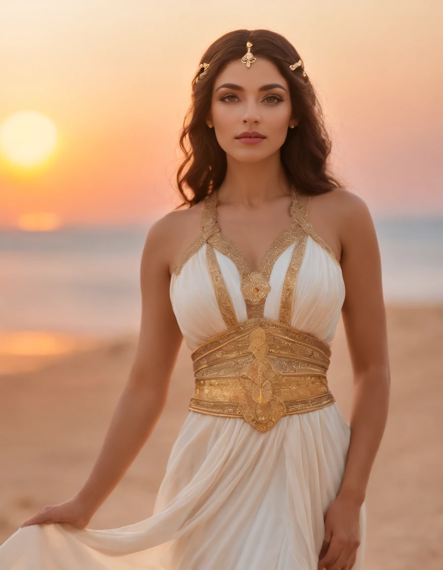 cleotrah, full body shot, Beautiful dress, goddess queen of Egypt, attractive, most perfect face, professional eye design, Digital painting, Beautiful warm sunset in the background, beach, fantasy, intricate details, actual configuration, Face card, Ellen's style Gallagher, Abigail Larson and Anton Pieck