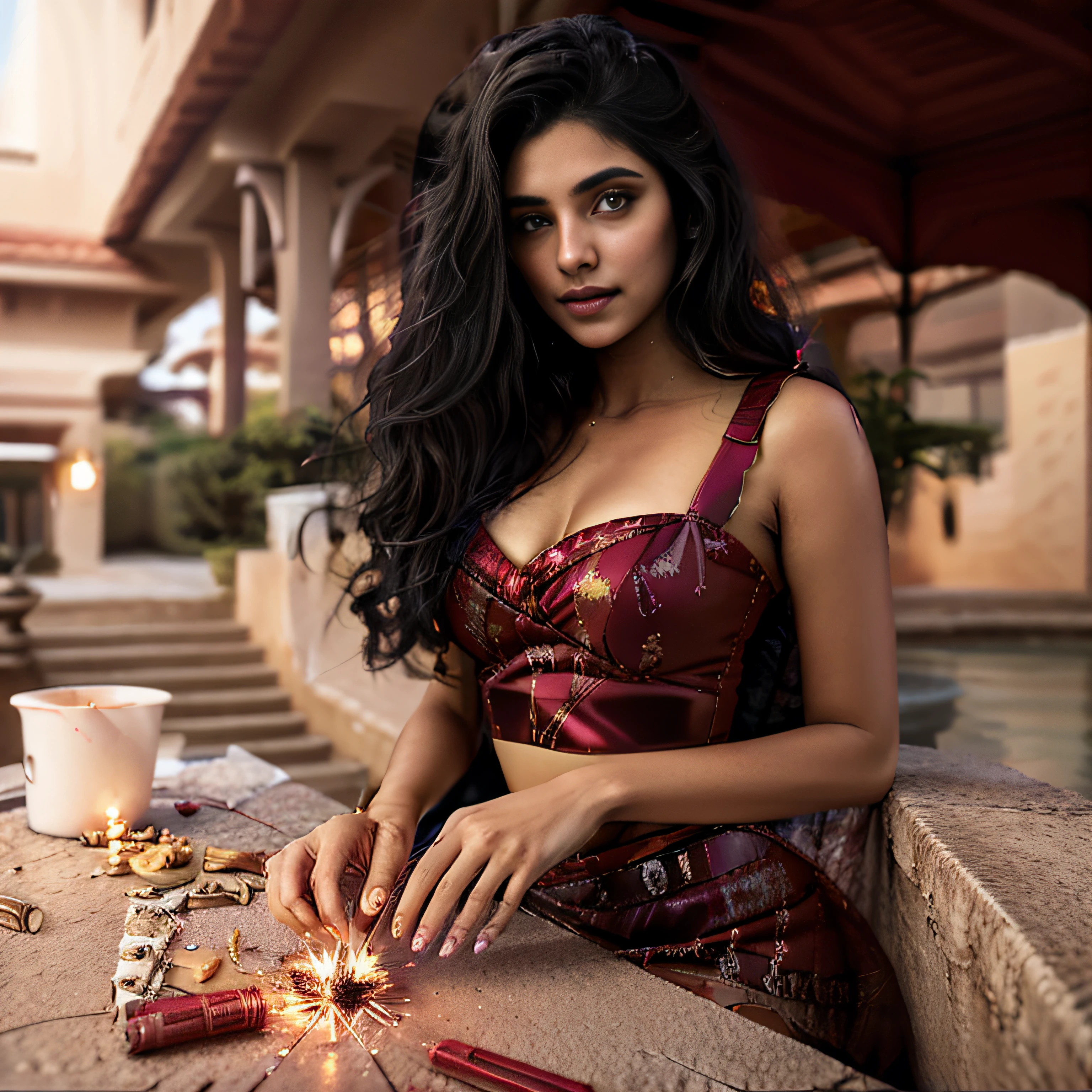 ((Dark Night time sparking crackers linght on sky)) araffe indian woman in a red skirt holding a sparkler, brandon woelfel, sexy girl, indian girl, attractive girl, beautiful asian girl, indian goddess, beautiful model girl, instagram model, 8k artgerm bokeh, beautiful girl model, indian girl, cute woman, girl under lantern, 4 k post, 4k post, flares, night time