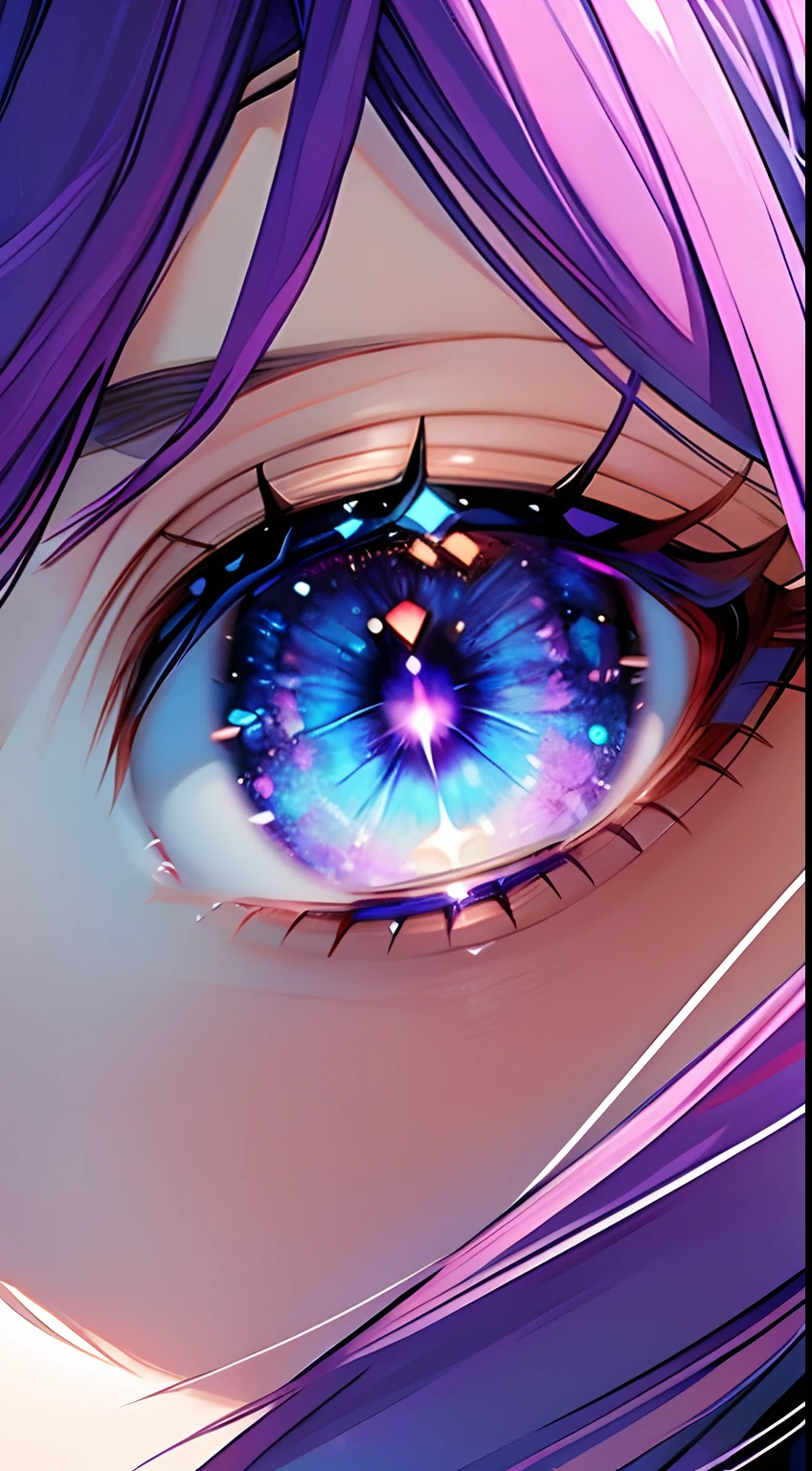 (masterpiece), best quality, ( close up on a girl) , (eye focus), expressive eyes, perfect face, purple hair, collar, gorgeous eyes, galaxy eyes, cosmic eyes,sparkling eyes, breath taking, cute, soft expression, perfect skin,