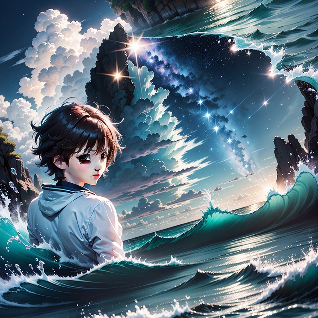 Light Blue Shinkai Makoto Manga-Style Cloudy Sea,Ouro brilhante,There's a dazzling star hanging high in the sky