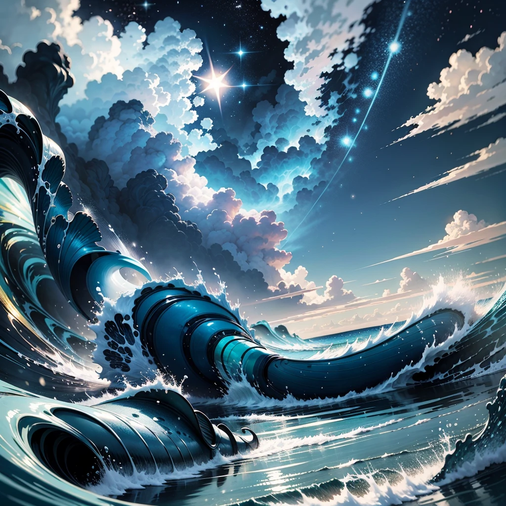 Light Blue Shinkai Makoto Manga-Style Cloudy Sea,Ouro brilhante,There's a dazzling star hanging high in the sky