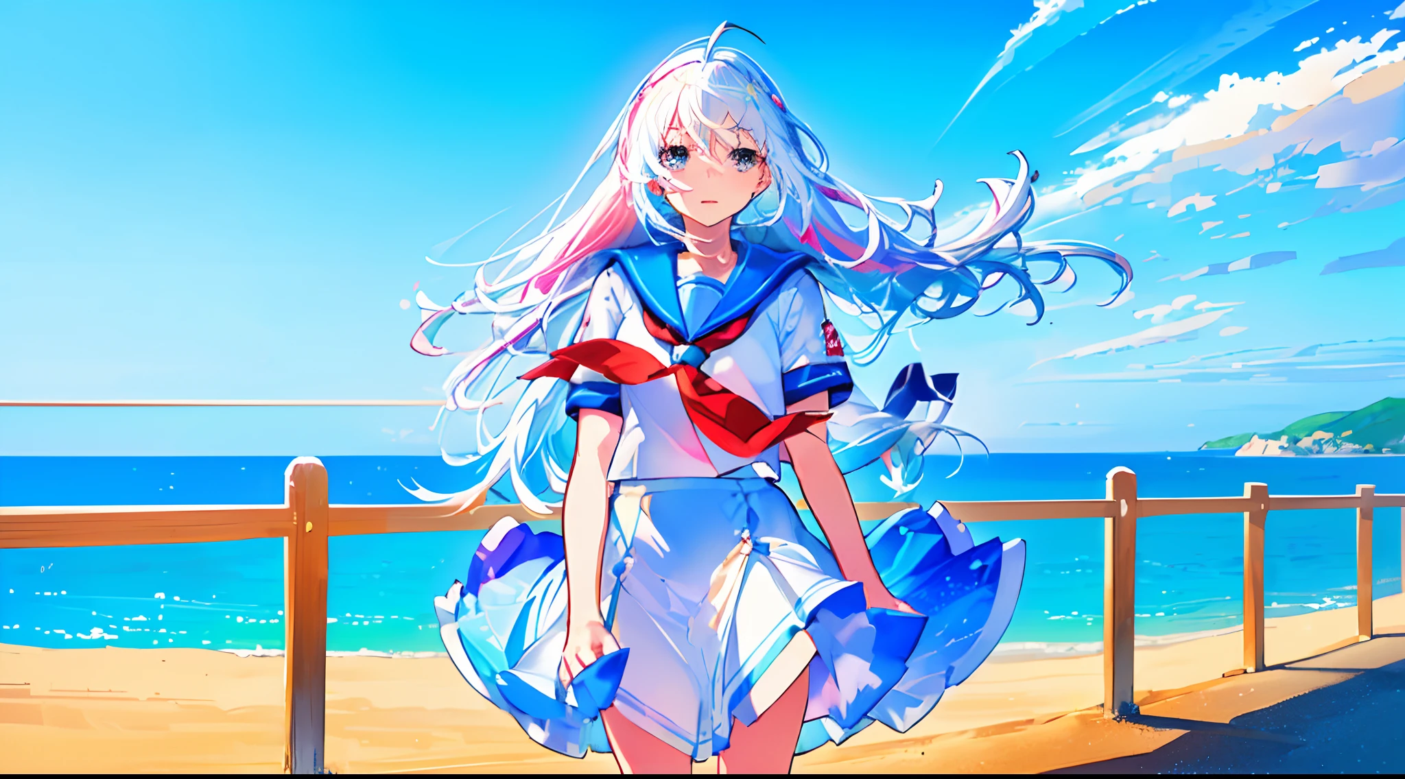 (master_piece, high_quality, beautiful, super delicate, absurdres:1.2), 1girl, mature, ************, beutiful face, ahoge, hair fluttering in the wind, white hair, blue eye, (sailor suit, translucent fluttering skirt, skirt that sway in the wind:1.2), port, (clear water, gemstone sea:1.2), Ship in the distance, The trails that planes make, blue sky, Sunshine, street in the distance,