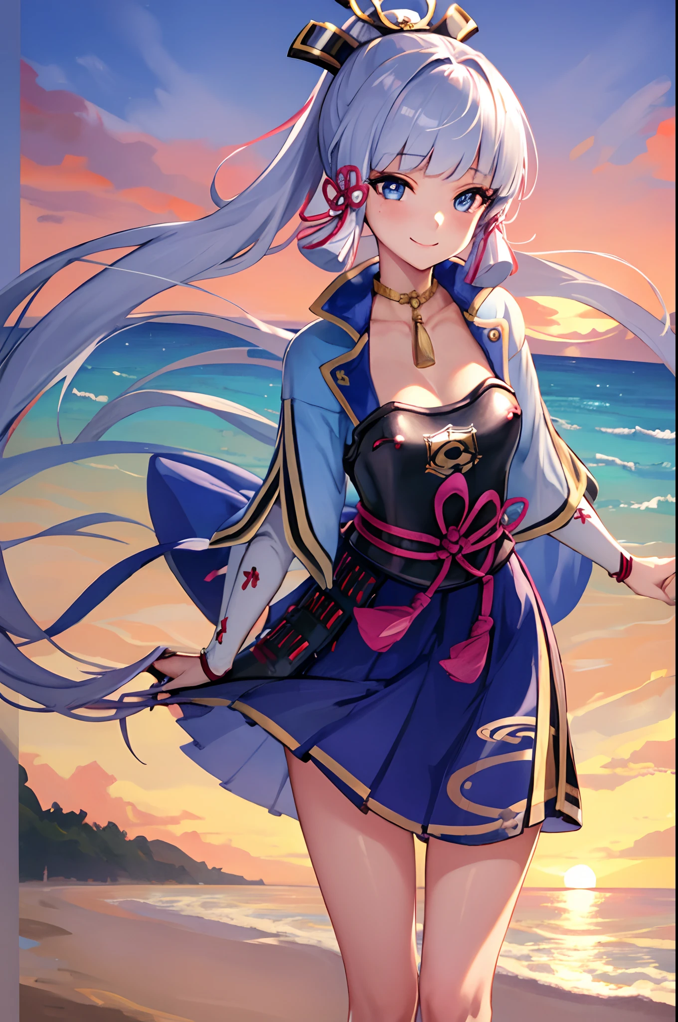 (masterpiece, best quality, detailed) ,1girl,kamisatoayakadef,(silver hair) , in bikini standing on beach at sunset with ocean in background, at beach at sunset, in the beach, at the beach on a sunset, at a beach, at the beach,((sunset)), standing at the beach, on a beach, on the beach at sunset, at the sea,eye details,teasing smile, clean detailed anime art,high resolution, (perfect hands, perfect anatomy),