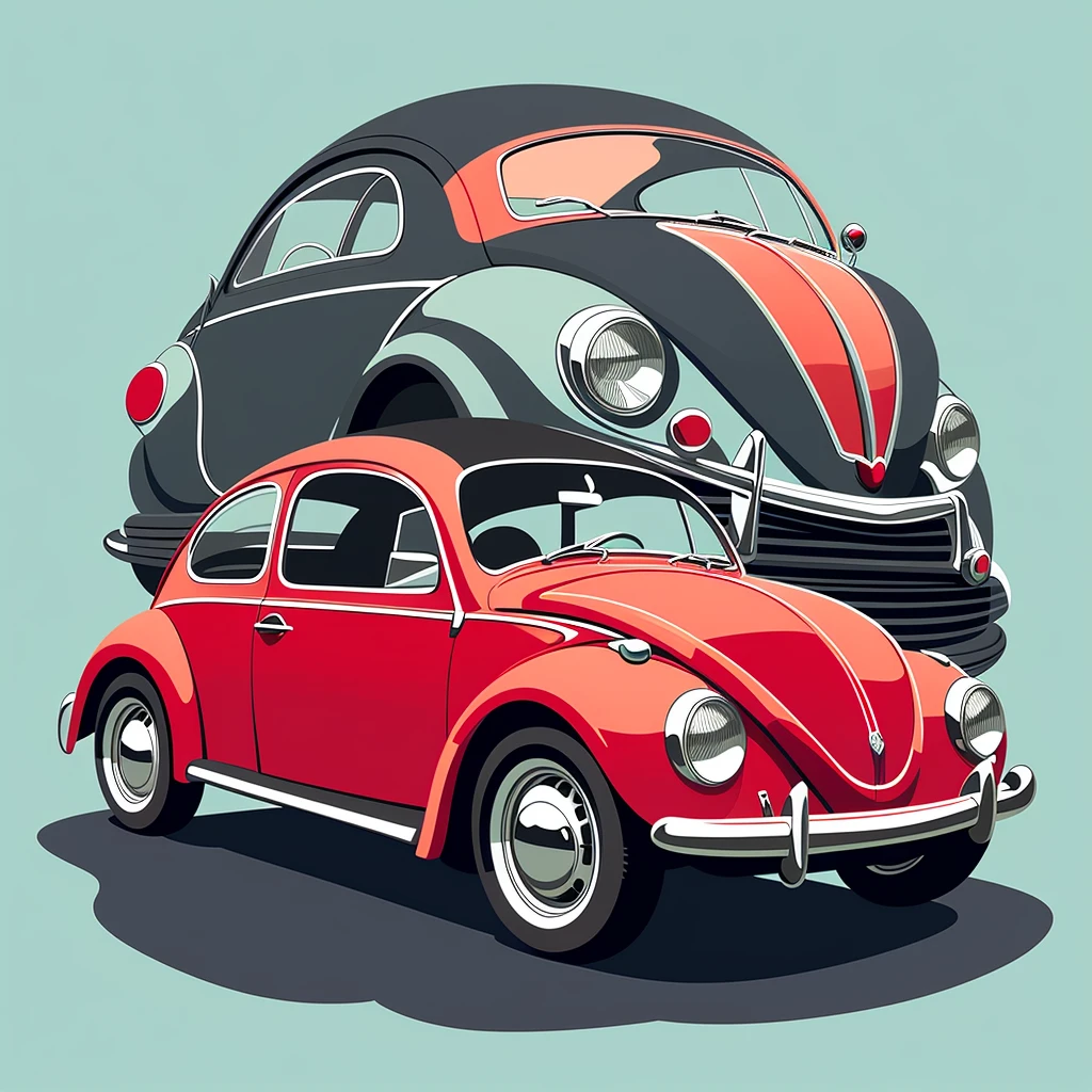 there is a red car with a surfboard on top of it, beetle, beetle-inspired, in style of digital illustration, digital painting highly detailed, detailed vectorart, vehicle illustration, highly detailed vector art, stylized digital illustration, detailed 2d illustration, highly detailed hyper real retro, low detailed. digital painting, a beautiful artwork illustration, retro illustration