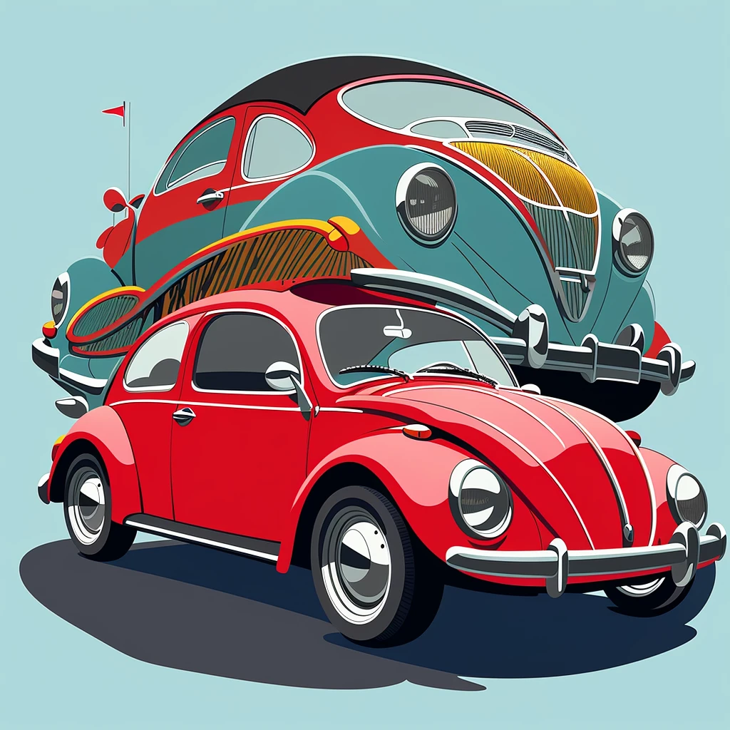 there is a red car with a surfboard on top of it, beetle, beetle-inspired, in style of digital illustration, digital painting highly detailed, detailed vectorart, vehicle illustration, highly detailed vector art, stylized digital illustration, detailed 2d illustration, highly detailed hyper real retro, low detailed. digital painting, a beautiful artwork illustration, retro illustration
