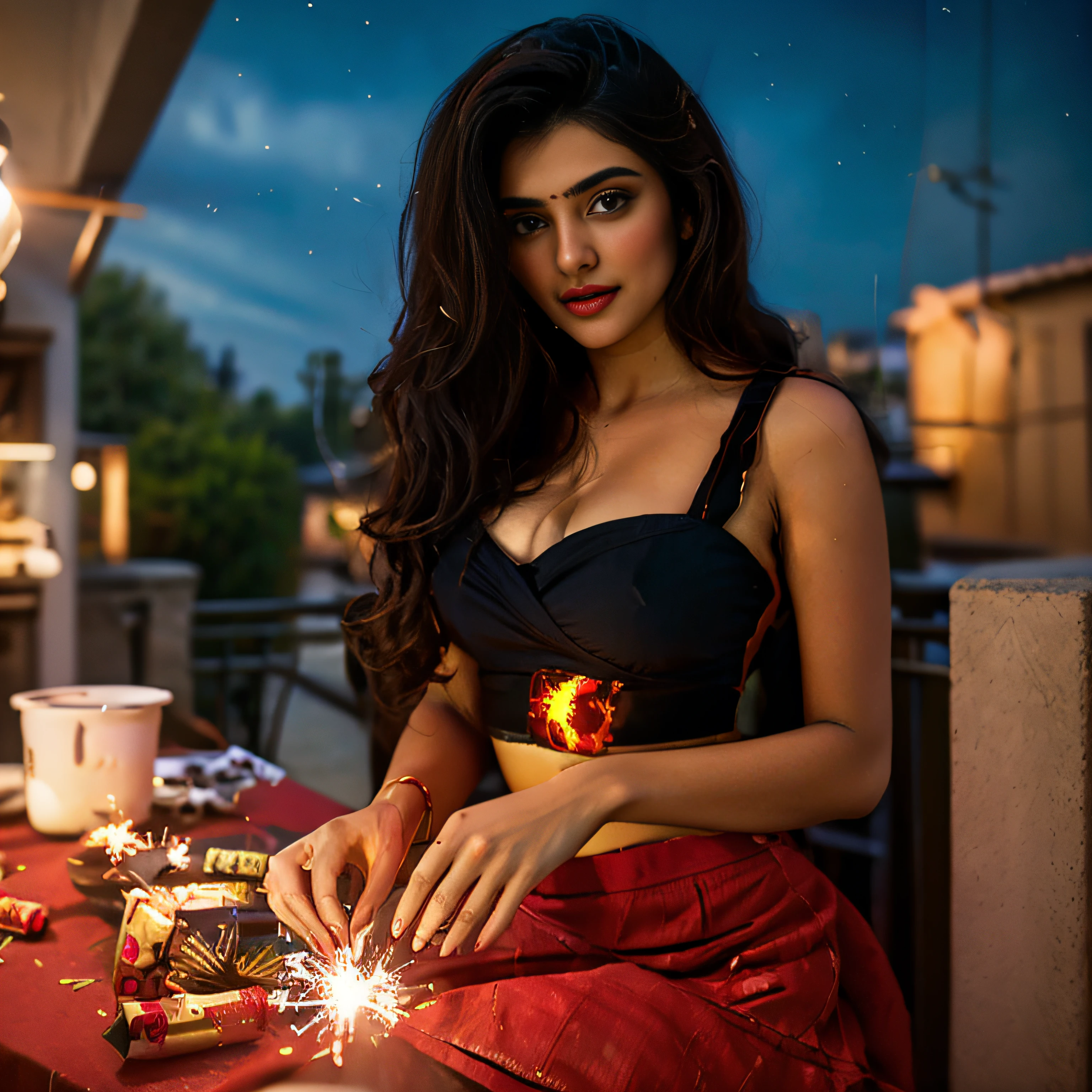 ((Dark Night background sparking crackers linght on sky)) araffe indian woman in a red skirt holding a sparkler, brandon woelfel, sexy girl, indian  girl, attractive girl, beautiful asian girl, indian goddess, beautiful model girl, instagram model, 8k artgerm bokeh, beautiful girl model, indian girl, cute woman, girl under lantern, 4 k post, 4k post, flares