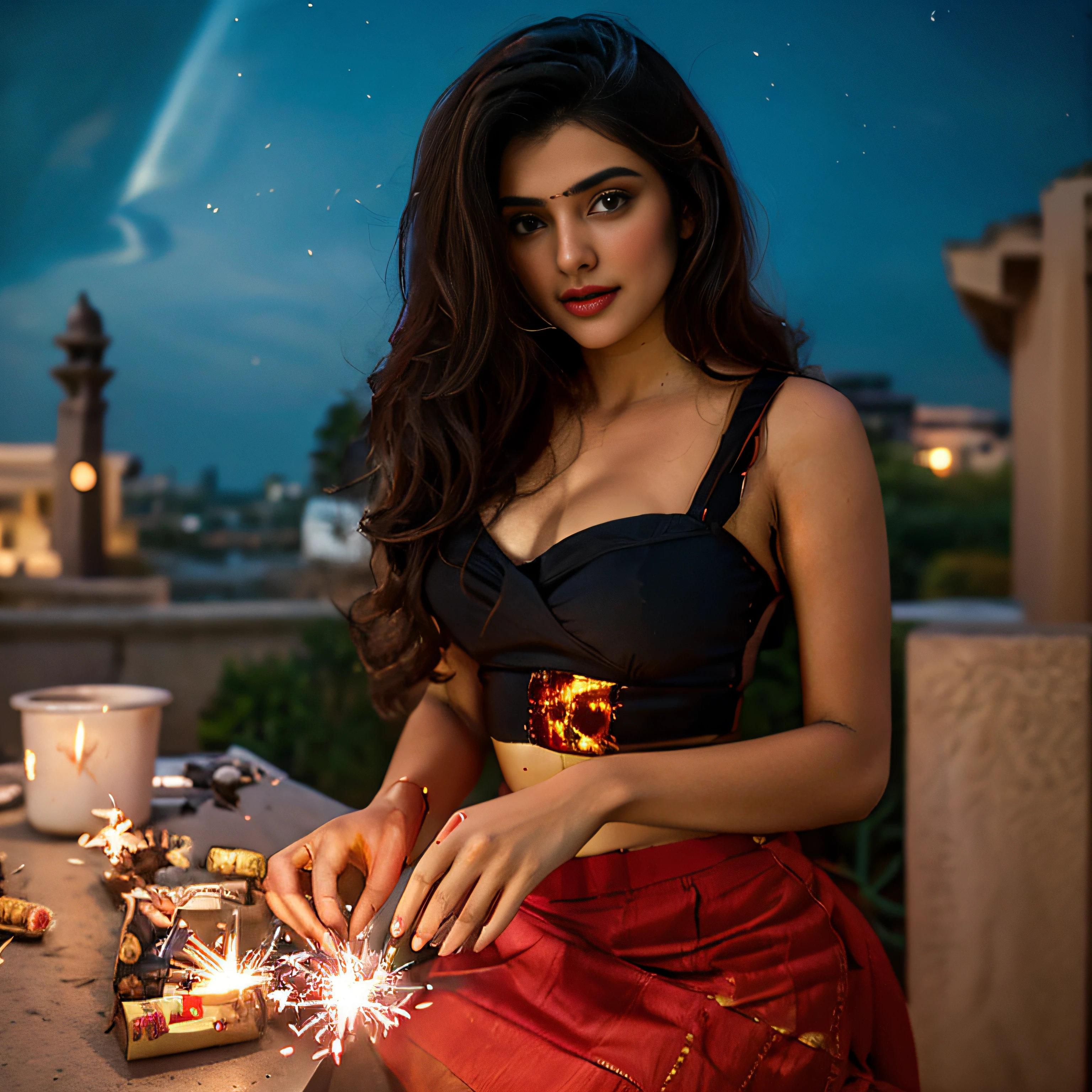 ((Dark Night background sparking crackers linght on sky)) araffe indian woman in a red skirt holding a sparkler, brandon woelfel, sexy girl, indian  girl, attractive girl, beautiful asian girl, indian goddess, beautiful model girl, instagram model, 8k artgerm bokeh, beautiful girl model, indian girl, cute woman, girl under lantern, 4 k post, 4k post, flares