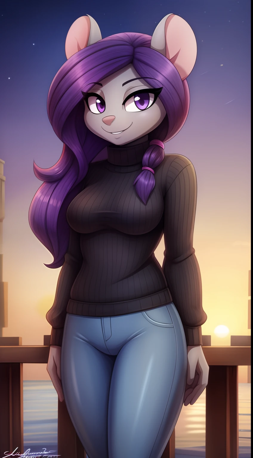 Mouse,1girl,gray colored skin,long curly hair hair,purple hair,masterpiece,best quality,sunset,blue jeans,barefoot,purple eyes, medium breasts, tall stature, long tail, ,no makeup,expressionless,misosouperstar art style,old port scene,looking at the viewer,smile, standing still, frontal focus,steel collar, tied hair,gray skin, gray fur,tied hair, messy ponytail,turtleneck sweater,