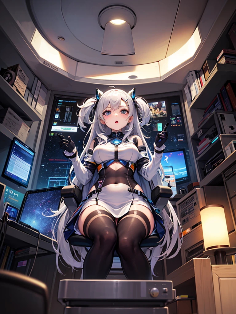 One girl、Inside the spacecraft、A girl and a beautiful sight are spreading。The walls and ceiling are covered with panels of futuristic design.、It has a fantastic glow。The interior of the ship is spacious々and々And々And々And々And々And々And々And々And、A variety of scientific instruments and consoles are located。The interior space of the spacecraft is、、、、、、、、、It features a silvery metallic texture and a curvaceous design、focus on girl