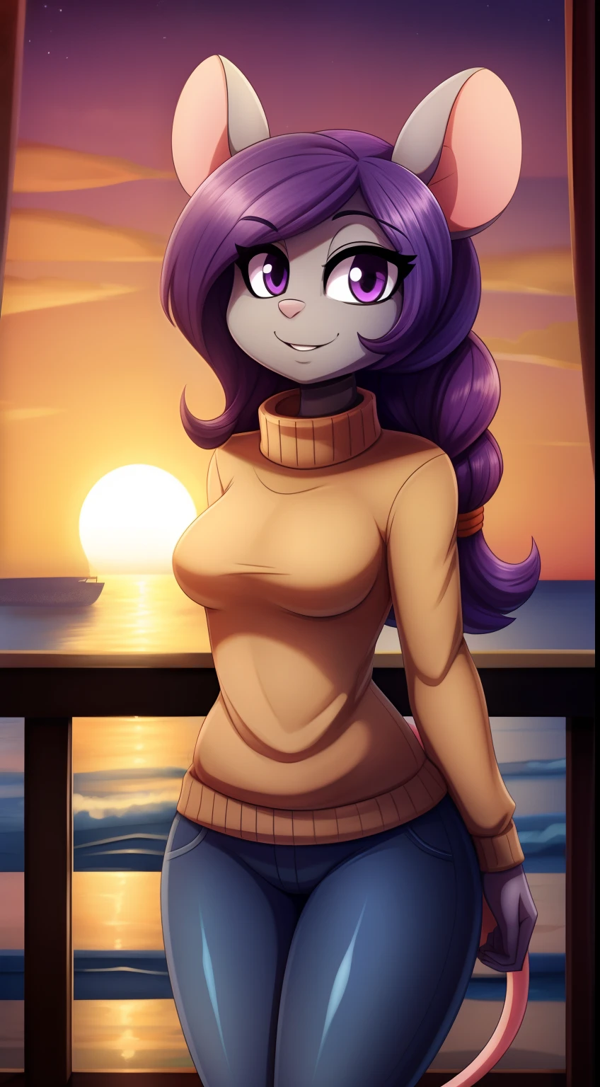 Mouse,1girl,gray colored skin,long curly hair hair,purple hair,masterpiece,best quality,sunset,blue jeans,barefoot,purple eyes, medium breasts, tall stature, long tail, ,no makeup,expressionless,misosouperstar art style,old port scene,looking at the viewer,smile, standing still, frontal focus,steel collar, tied hair,gray skin, gray fur,tied hair, messy ponytail,peach coloured turtleneck sweater,