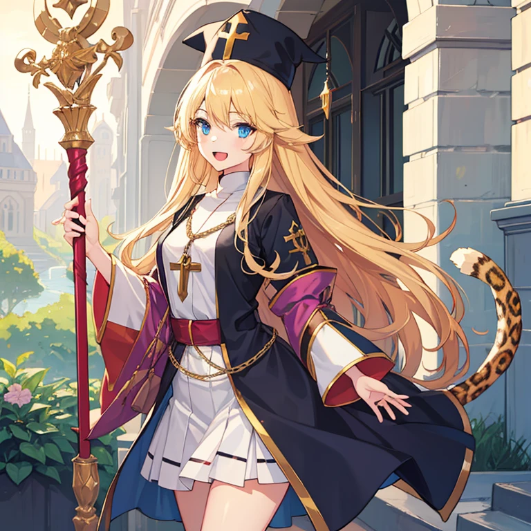 hentai anime style, 2D, anime girl, Best Quality, masterpiece, (1 girl has a tail:1.3),(tail : leopard), blonde hair, long hair, blue eyes, holding Sacred Staff BREAK (white priest clothes:1.2), tall hats BREAK blue skirt, standing, open mouth, smile, salute, scenery, look at viewer