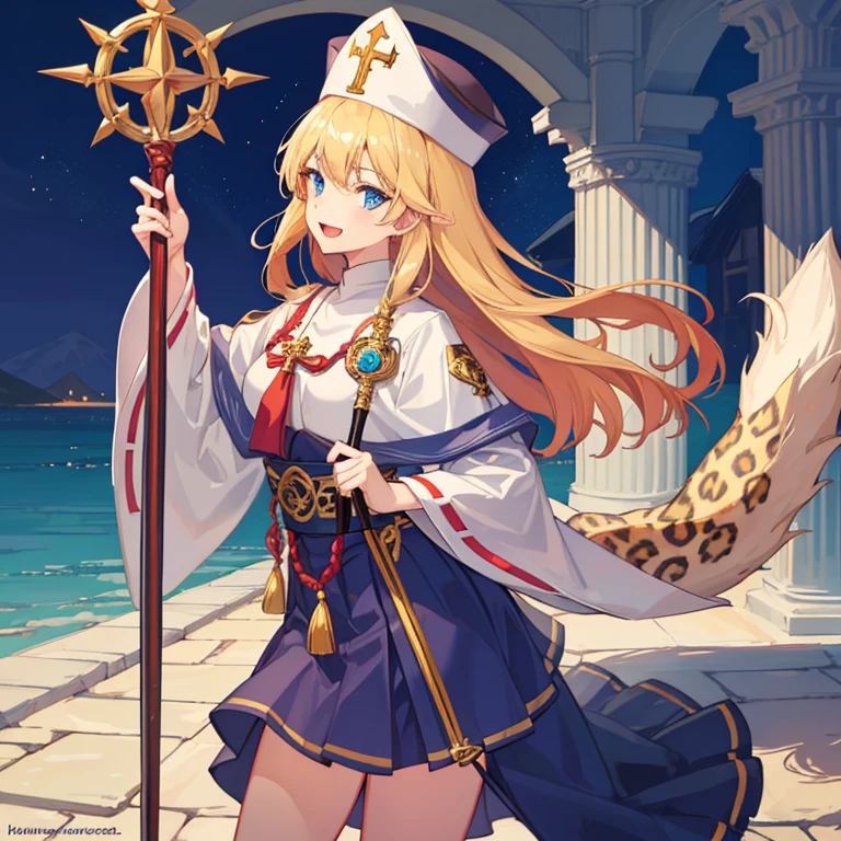hentai anime style, 2D, anime girl, Best Quality, masterpiece, (1 girl has a tail:1.3),(tail : leopard), blonde hair, long hair, blue eyes, holding Sacred Staff BREAK (white priest clothes:1.2), tall hats BREAK blue skirt, standing, open mouth, smile, salute, scenery, look at viewer