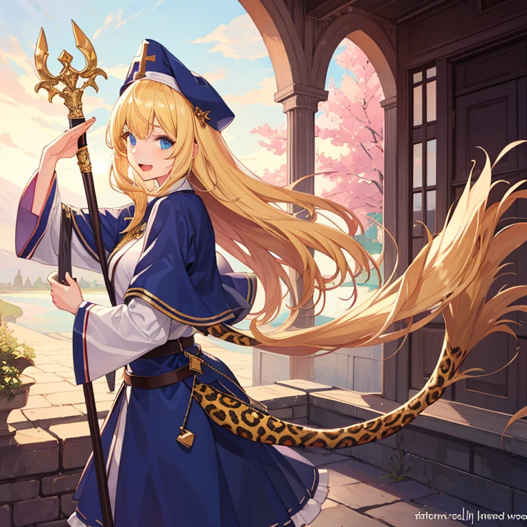 hentai anime style, 2D, anime girl, Best Quality, masterpiece, (1 girl has a tail:1.3),(tail : leopard), blonde hair, long hair, blue eyes, holding Sacred Staff BREAK (white priest clothes:1.2), tall hats BREAK blue skirt, standing, open mouth, smile, salute, scenery, look at viewer