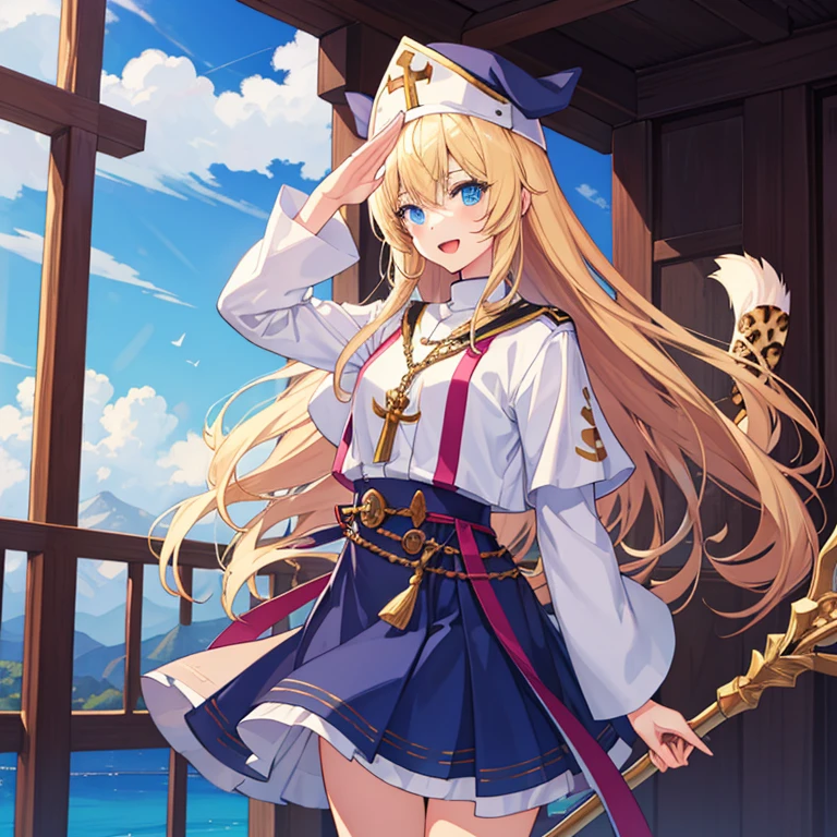 hentai anime style, 2D, anime girl, Best Quality, masterpiece, (1 girl has a tail:1.3),(tail : leopard), blonde hair, long hair, blue eyes, holding Sacred Staff BREAK (white priest clothes:1.2), tall hats BREAK blue skirt, standing, open mouth, smile, salute, scenery, look at viewer