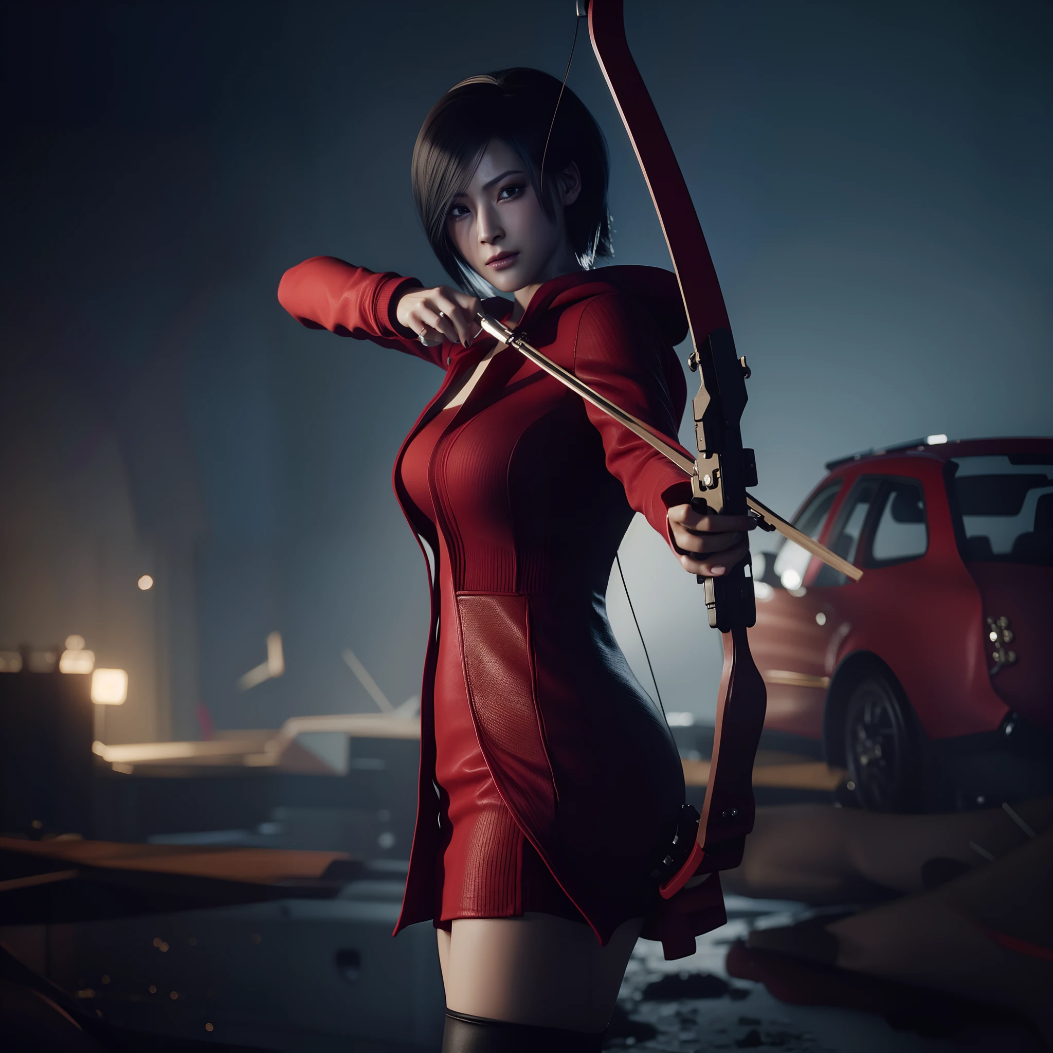 Ada wong, beautiful face, woman, bob hair, perfect Face, wearing mini red dress hoody, wearing hoody, black nail polish