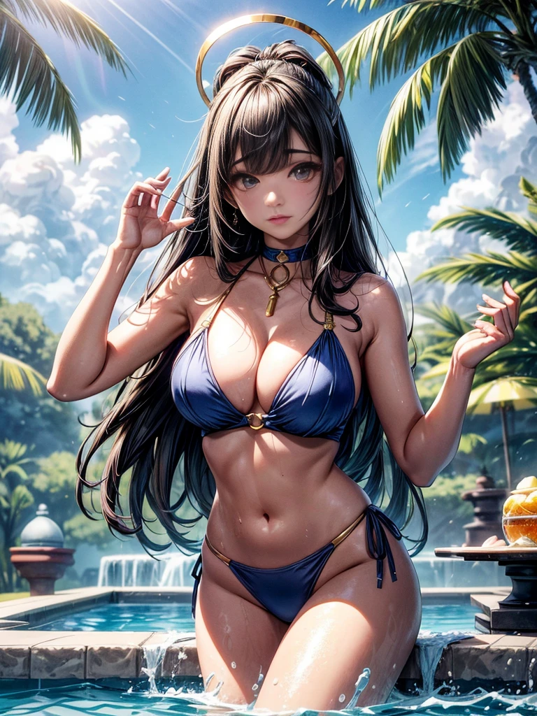 (qualidade superior、8k、obra prima:1.3)、Japoneses、cabelo atalho、Um hiper-realista、 com、Esbian de corpo inteiro、Espalhe as pernas、abertura das pernas、(peito enorme、Heavy halo visible in、O corpo atraente da fontaine de leite:1.2)、Abdominals:1.1、pele brilhante、face hiperdetalhada、Detailed lips、Um olhar detalhado、Double eyelidm、gargantilha、decote aberto、pendurado peito、visible curves、Festa na Piscina、Lying by the pool、Sling bikini、sky-blue、