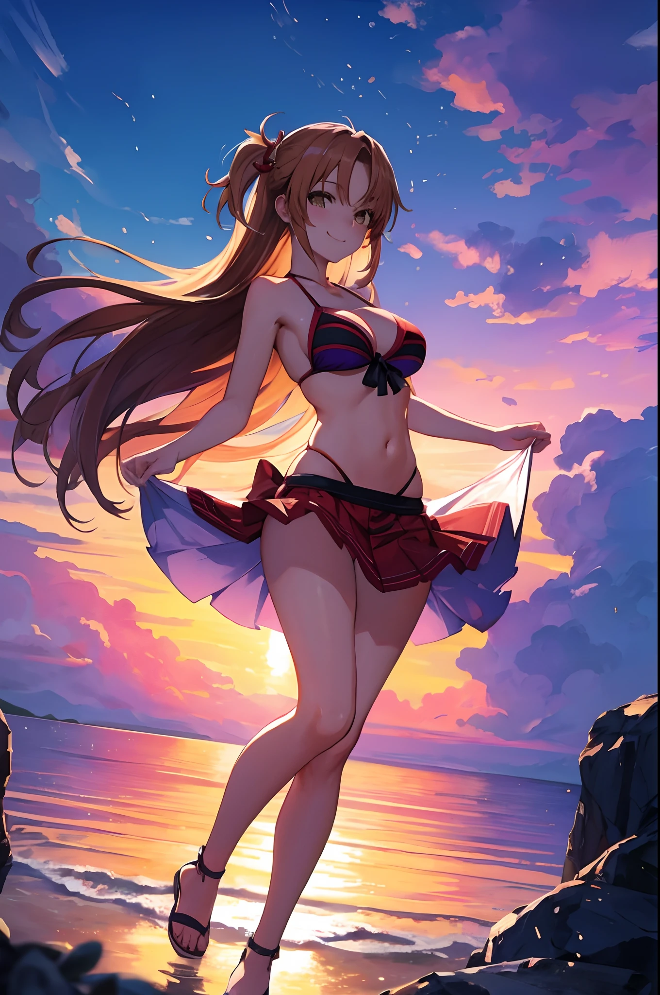 (masterpiece, best quality, detailed) ,1girl,raidenshogundef, in bikini standing on beach at sunset with ocean in background, at beach at sunset, in the beach, at the beach on a sunset, at a beach, at the beach,((sunset)), standing at the beach, on a beach, on the beach at sunset, at the sea,eye details,teasing smile, clean detailed anime art,high resolution, (perfect hands, perfect anatomy),