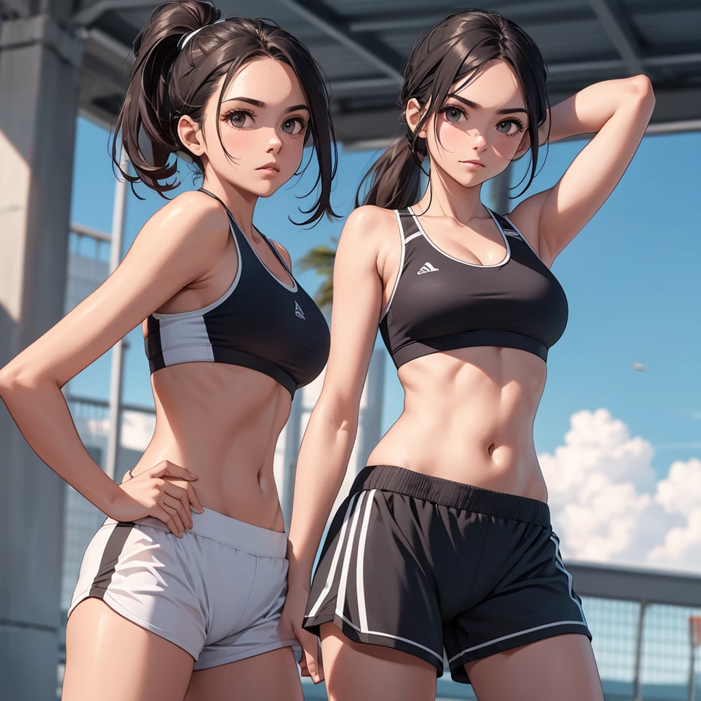 "Create a highly detailed and vibrant image of a lonely young woman with a sophisticated, adult-oriented appeal. She has long black hair and a high, sleek bun. She is dressed in a stylish, athletic outfit featuring white Adidas workout leggings with iconic three red stripes running down the sides Your top can be a tight sports bra, medium breasts and thick thighs, complementing your sporty look should be a gym environment, with dynamic lighting that highlights your athletic and elegant constitution.