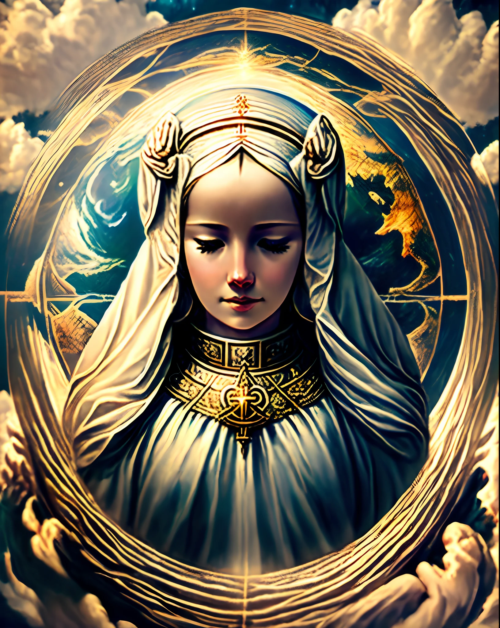 OUR LADY OF GRACES IN HEAVEN LOOKING AT PLANET EARTH AND PRAYING WITH BOTH HANDS FOLDED