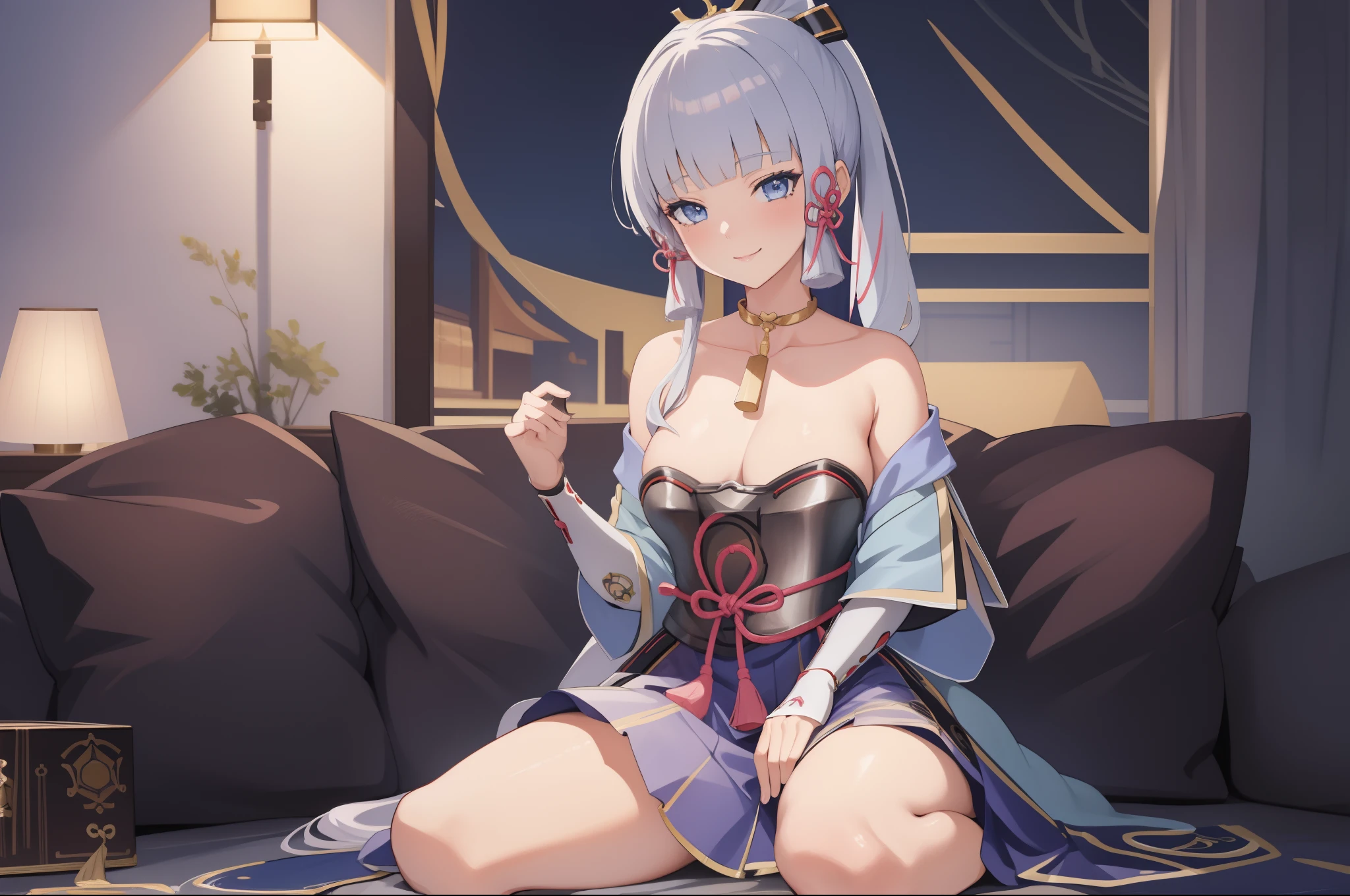 (masterpiece, best quality, detailed),1girl,kamisatoayakadef,(silver hair) , sitting on a couch in a room, seductive anime girl, attractive anime girl, anime best girl, pretty anime girl, anime moe artstyle, beautiful anime girl, (anime girl), 4k anime wallpaper, an anime girl, cute anime girl,eye details,teasing smile, clean detailed anime art,high resolution, (perfect hands, perfect anatomy),