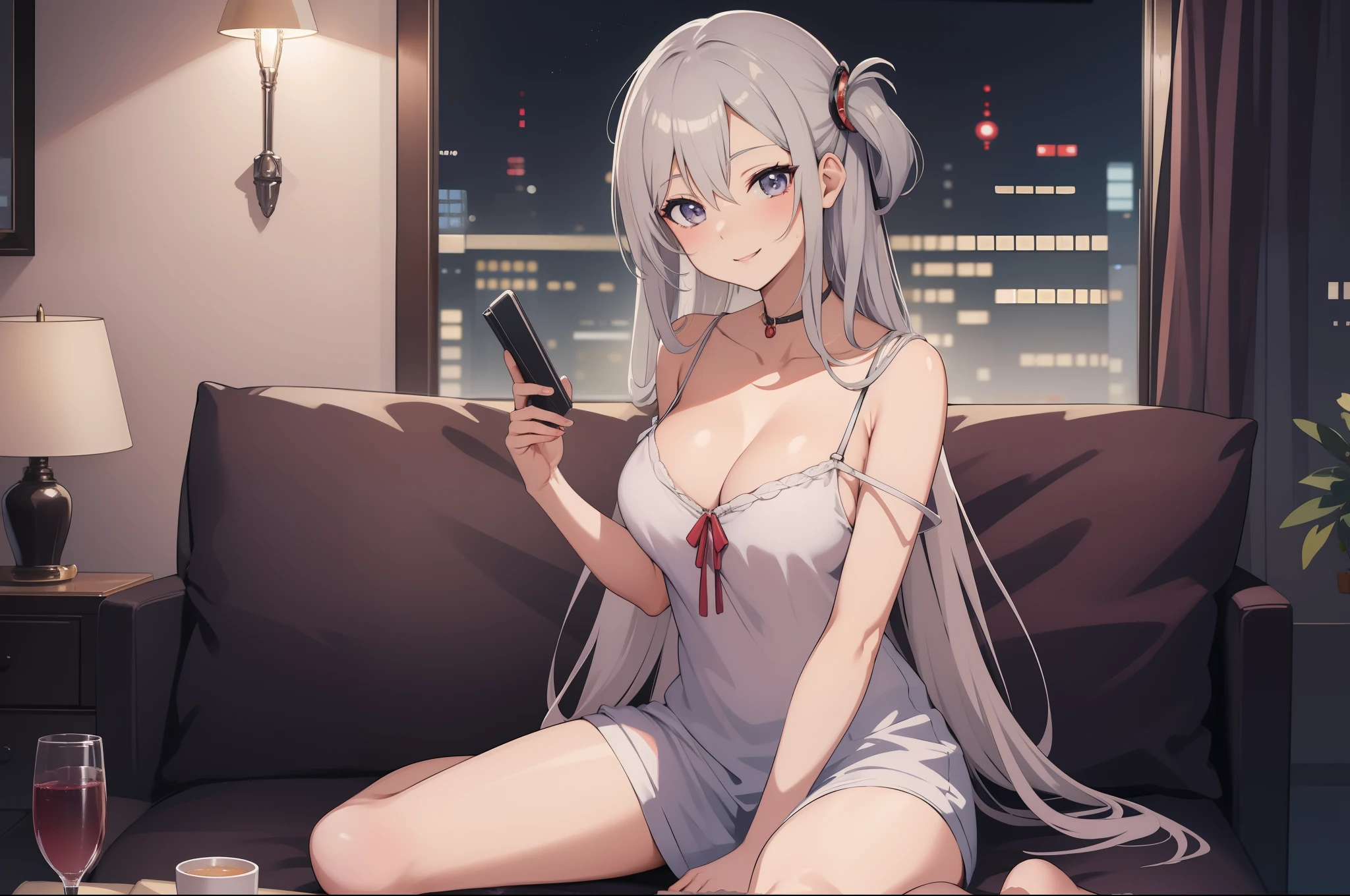 (masterpiece, best quality, detailed),1girl,kamisatoayakadef,(silver hair) ,  sitting on a couch in a room, seductive anime girl, attractive anime girl, anime best girl, pretty anime girl, anime moe artstyle, beautiful anime girl, (anime girl), 4k anime wallpaper, an anime girl, cute anime girl,eye details,teasing smile, clean detailed anime art,high resolution, (perfect hands, perfect anatomy),