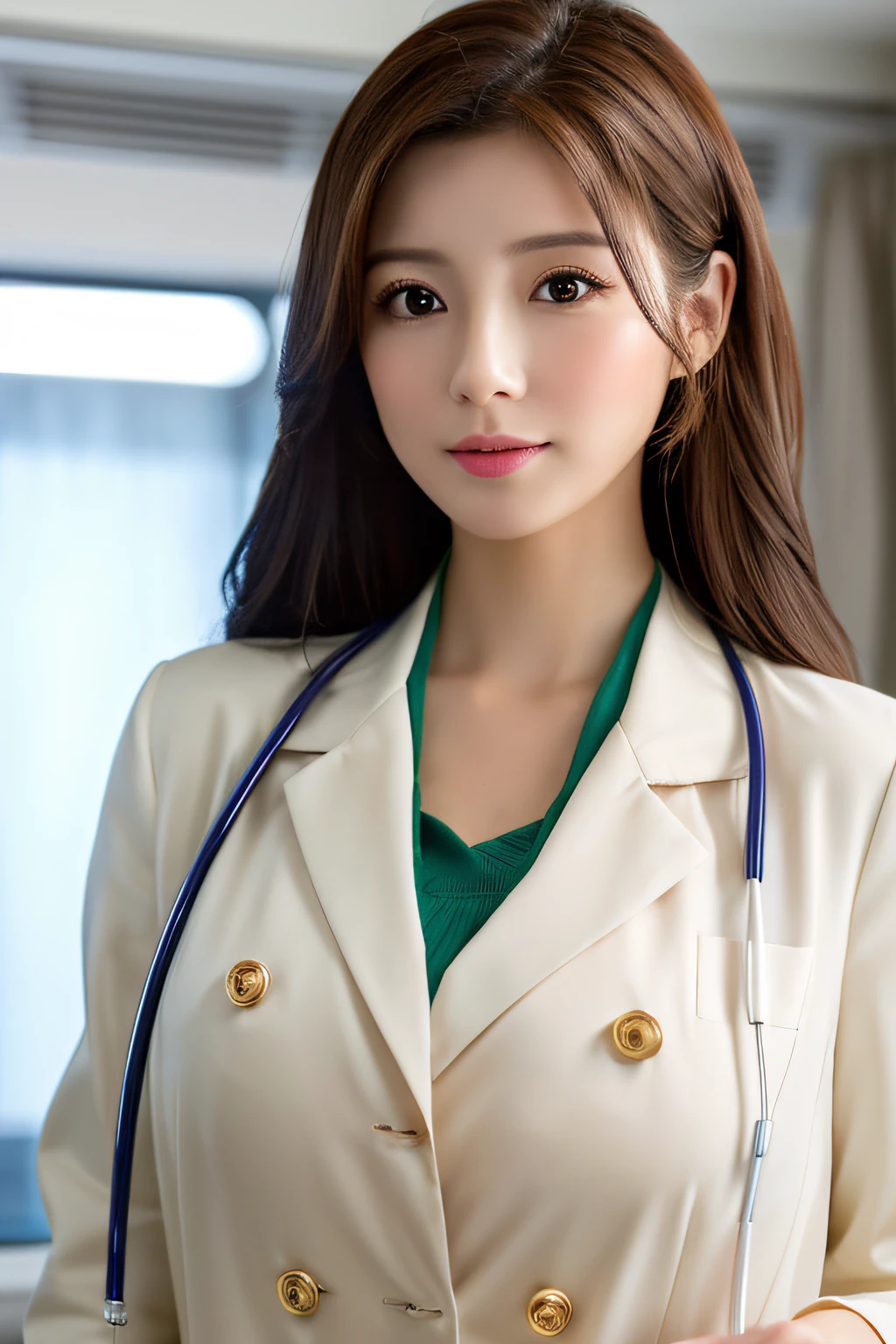 (masterpiece、high-level image quality、hightquality),Mature and realistic Japan woman、29yo、Super Cute、Upper body、soft skin perfect face、gorgeous long wavy brown-haired、(8K分辨率、A hyper-realistic、ultra-detailliert、hightquality)、doctors white coat、The Perfect Female Doctor,Erotic beautiful woman、(huge-breasted:1.5)、hospitals、
