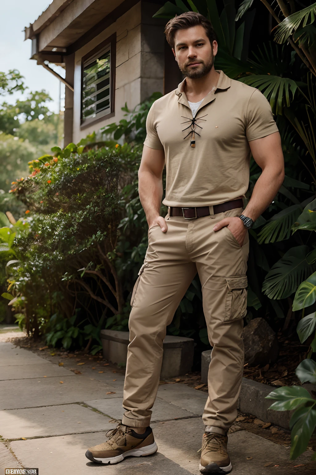 Blend of comic book art and lineart in full natural colors. A full body portrait shot of an attractive and muscular man in his early 30s, with short-cropped brown hair and a stubble beard, wearing a bandana and a shirt in beige color and cargo pants and hiking shoes, tropical rainforest in the background
--v 5
--ar 4:5
--s 750
