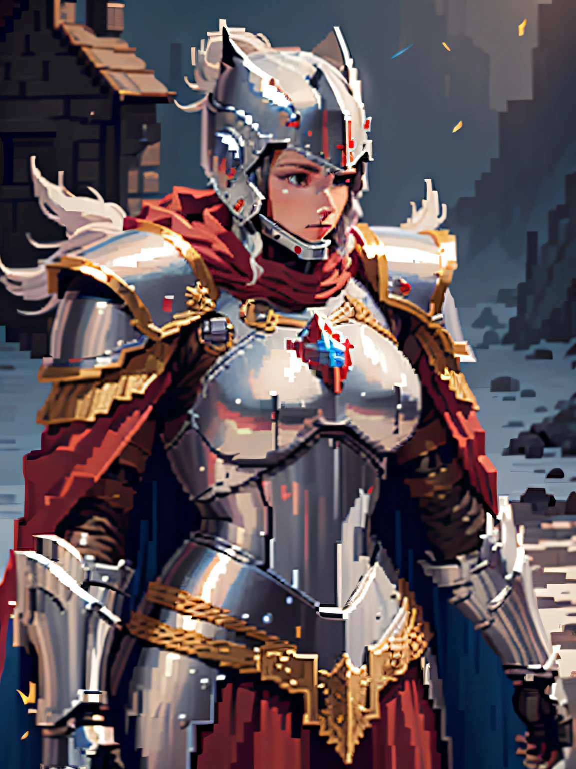 Pixel art, warrior woman, metal helmet, (silver, red, gold metal), Metal Armor, (blue cape with white fur collar), in a fantasy village, d&d, masterpiece, best quality, high contrast, soft lighting, backlighting, bloom, light sparkles, chromatic aberration, smooth, sharp focus (((metal armor)))