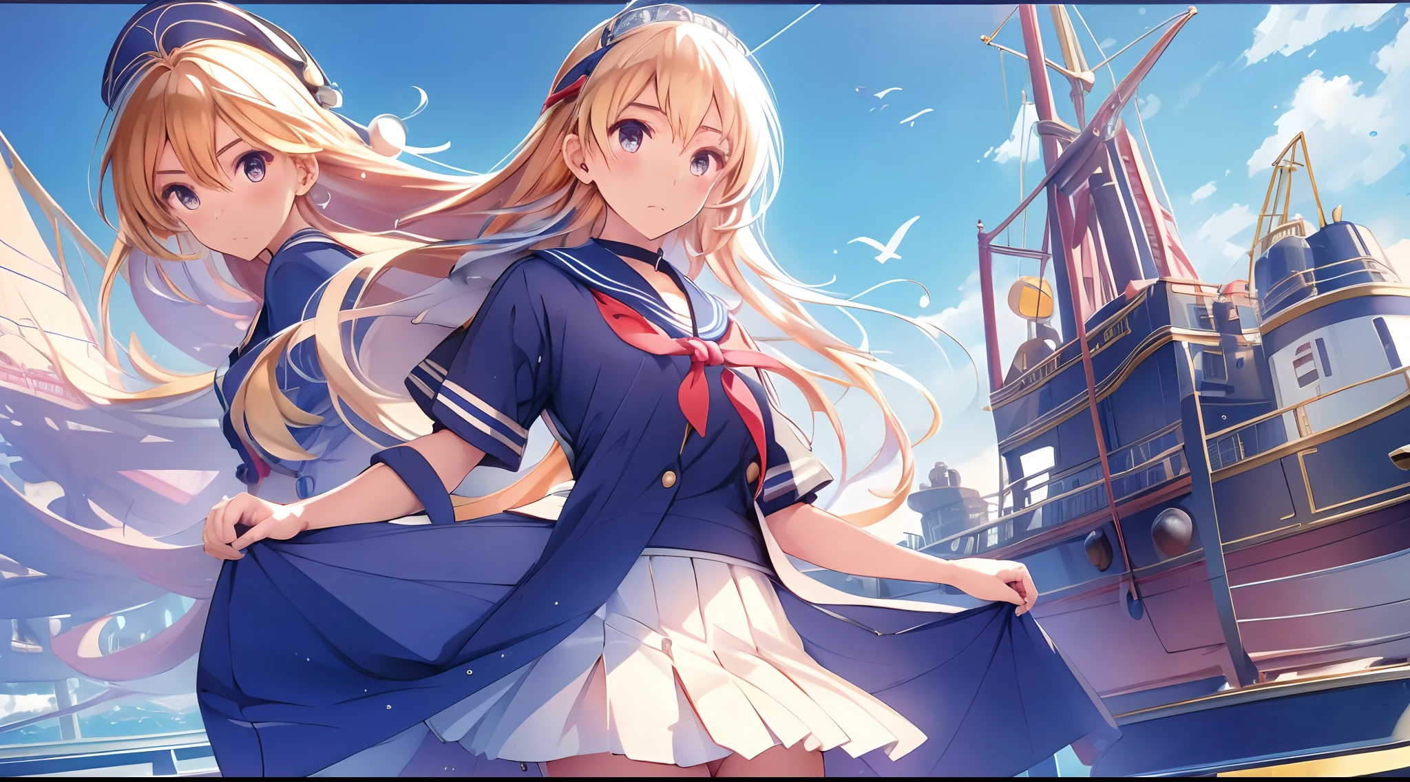 (master_piece, high_quality, beautiful, super delicate, absurdres:1.2), 1girl, mature, , beutiful face, ahoge, hair fluttering in the wind, white hair, blue eye, (sailor suit, translucent fluttering skirt, skirt that sway in the wind:1.2), port, (clear water, gemstone sea:1.2), Ship in the distance, The trails that planes make, blue sky, Sunshine, street in the distance,